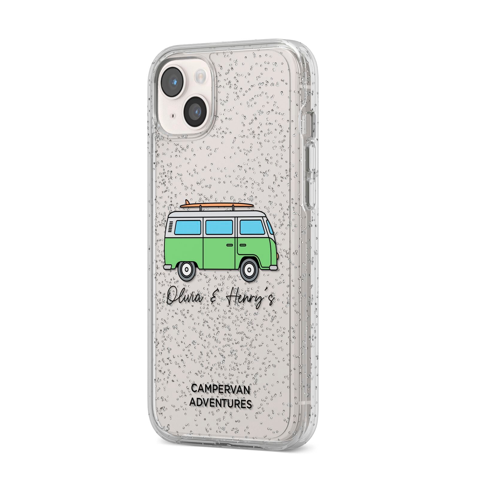 Green Bespoke Campervan Adventures iPhone 14 Plus Glitter Tough Case Starlight Angled Image