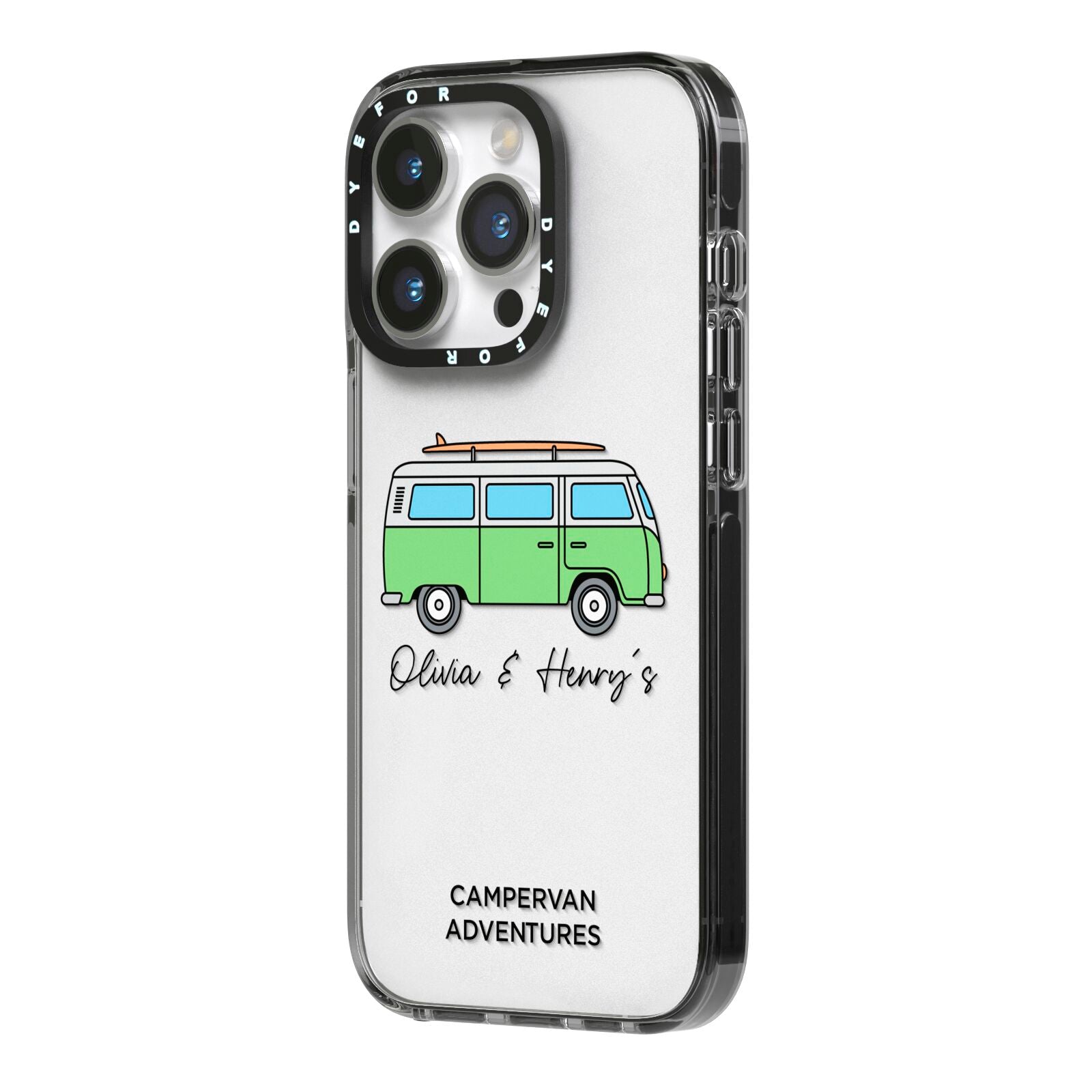 Green Bespoke Campervan Adventures iPhone 14 Pro Black Impact Case Side Angle on Silver phone