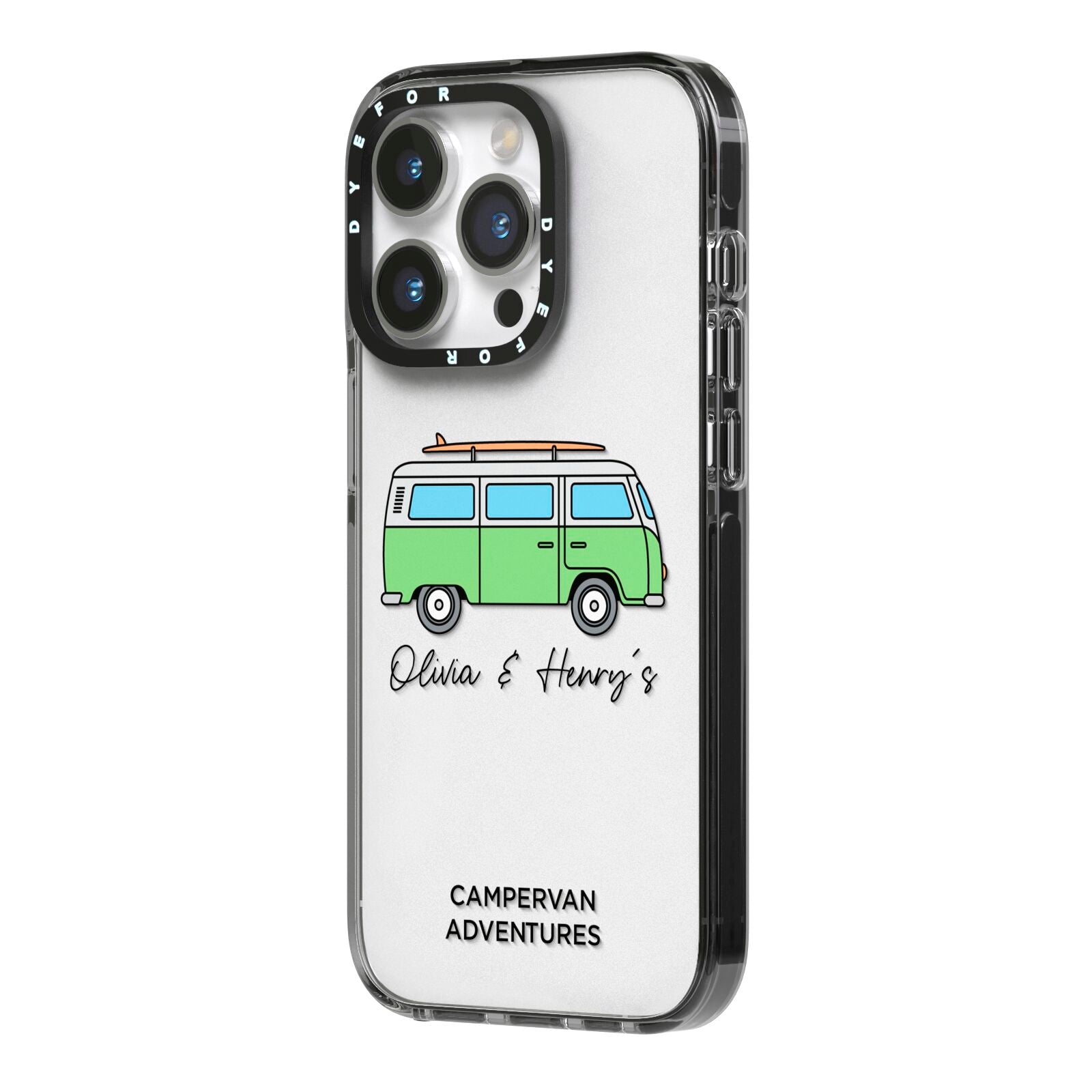 Green Bespoke Campervan Adventures iPhone 14 Pro Black Impact Case Side Angle on Silver phone