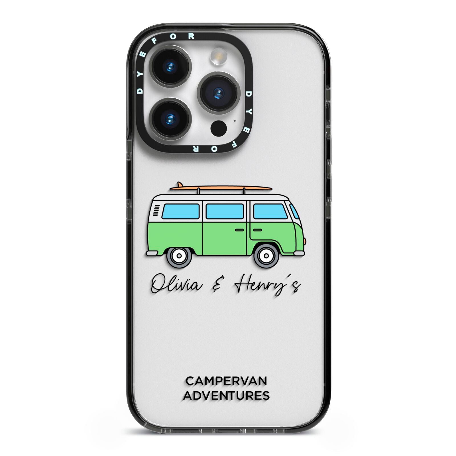 Green Bespoke Campervan Adventures iPhone 14 Pro Black Impact Case on Silver phone