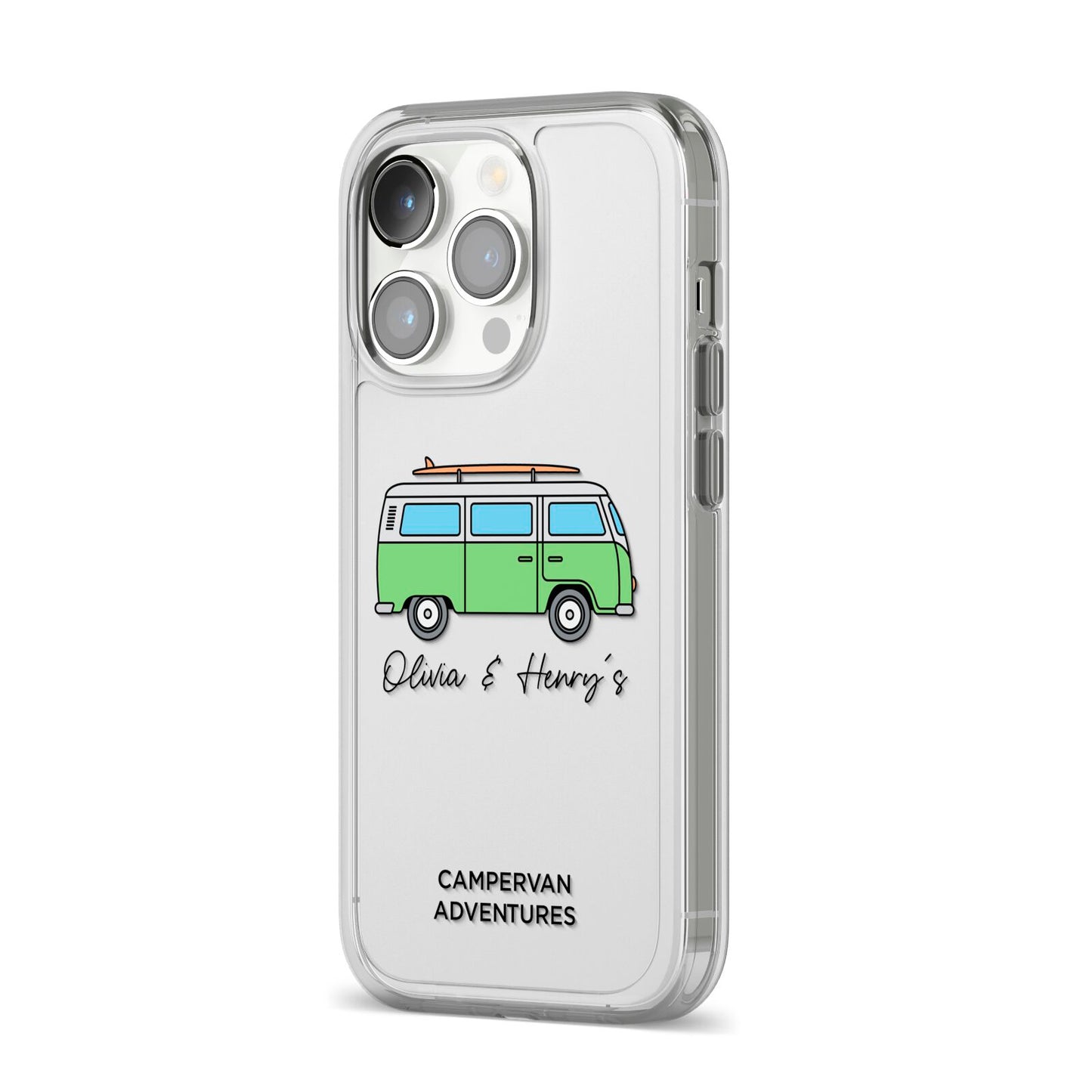 Green Bespoke Campervan Adventures iPhone 14 Pro Clear Tough Case Silver Angled Image