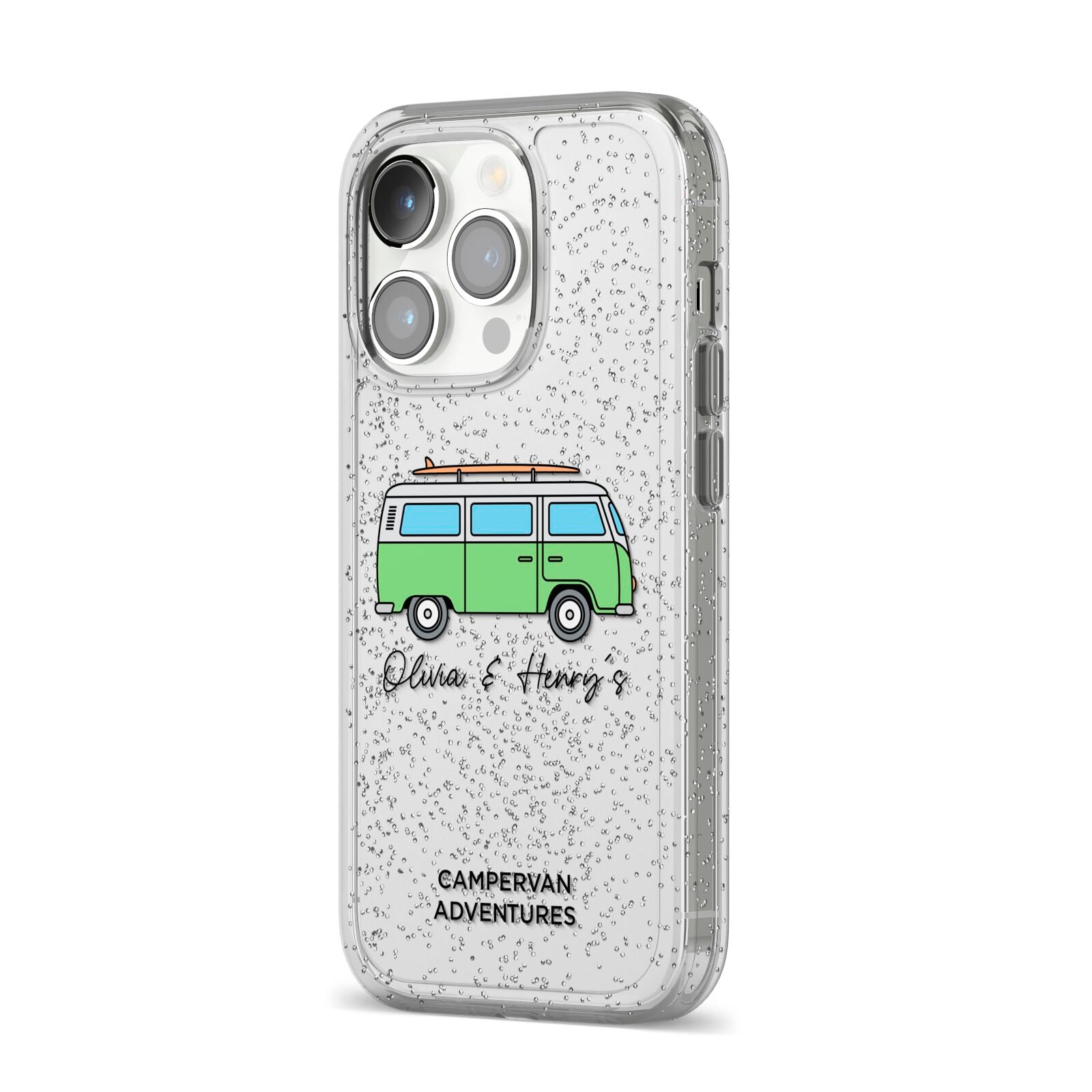 Green Bespoke Campervan Adventures iPhone 14 Pro Glitter Tough Case Silver Angled Image