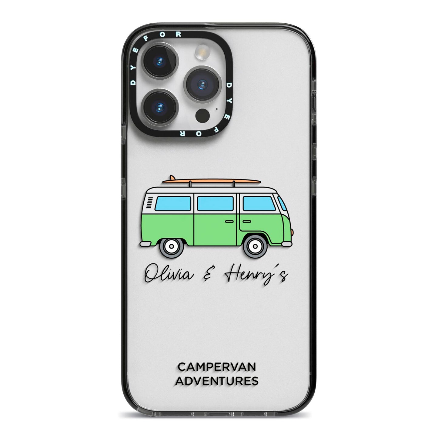 Green Bespoke Campervan Adventures iPhone 14 Pro Max Black Impact Case on Silver phone
