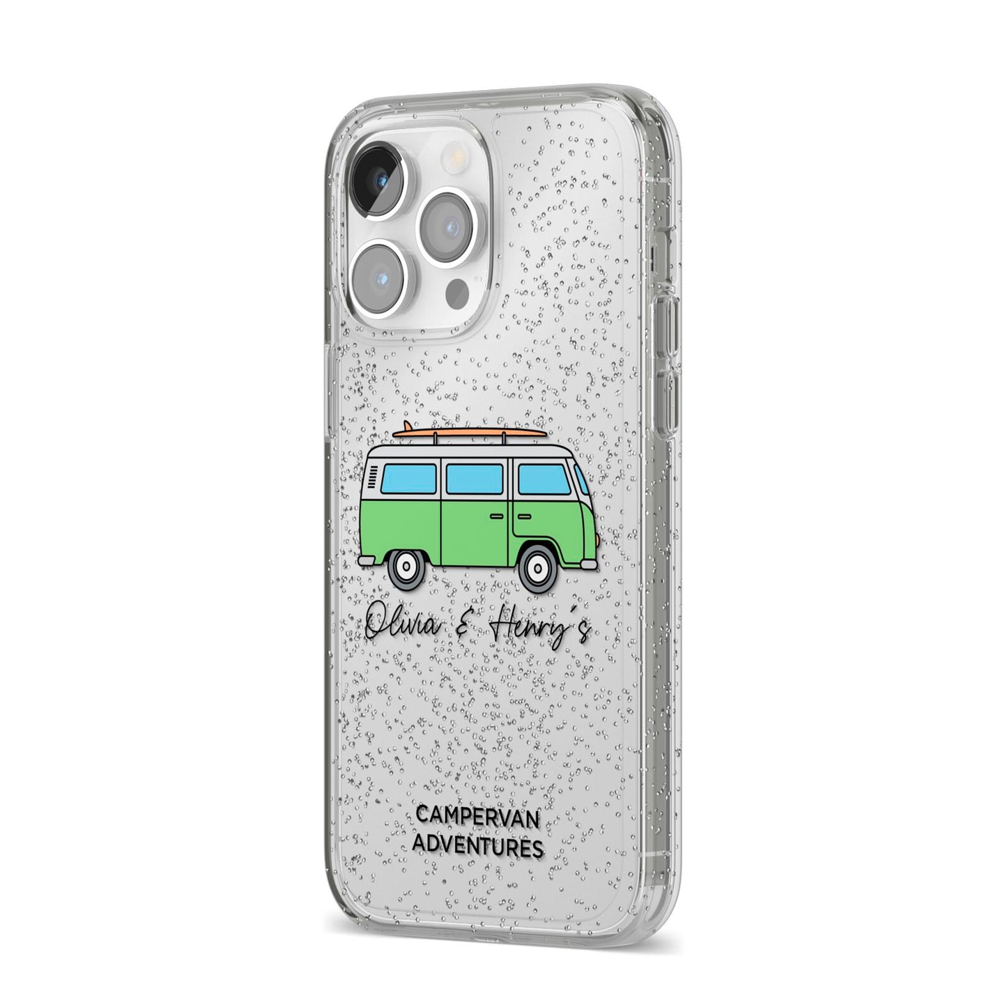 Green Bespoke Campervan Adventures iPhone 14 Pro Max Glitter Tough Case Silver Angled Image