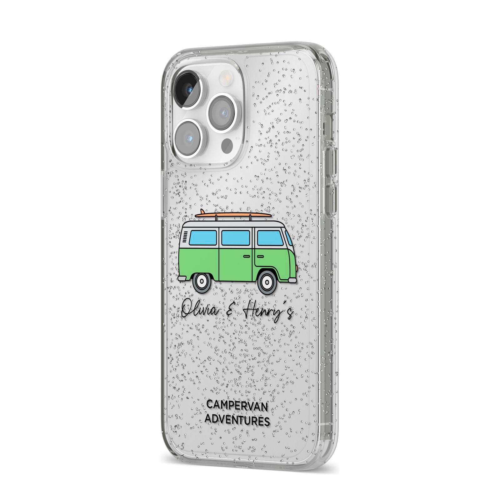 Green Bespoke Campervan Adventures iPhone 14 Pro Max Glitter Tough Case Silver Angled Image
