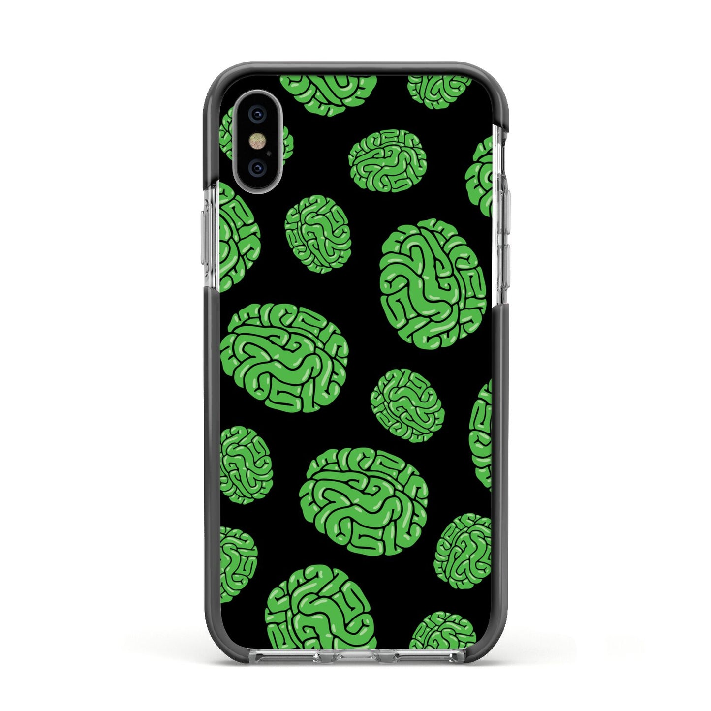 Green Brains Apple iPhone Xs Impact Case Black Edge on Silver Phone
