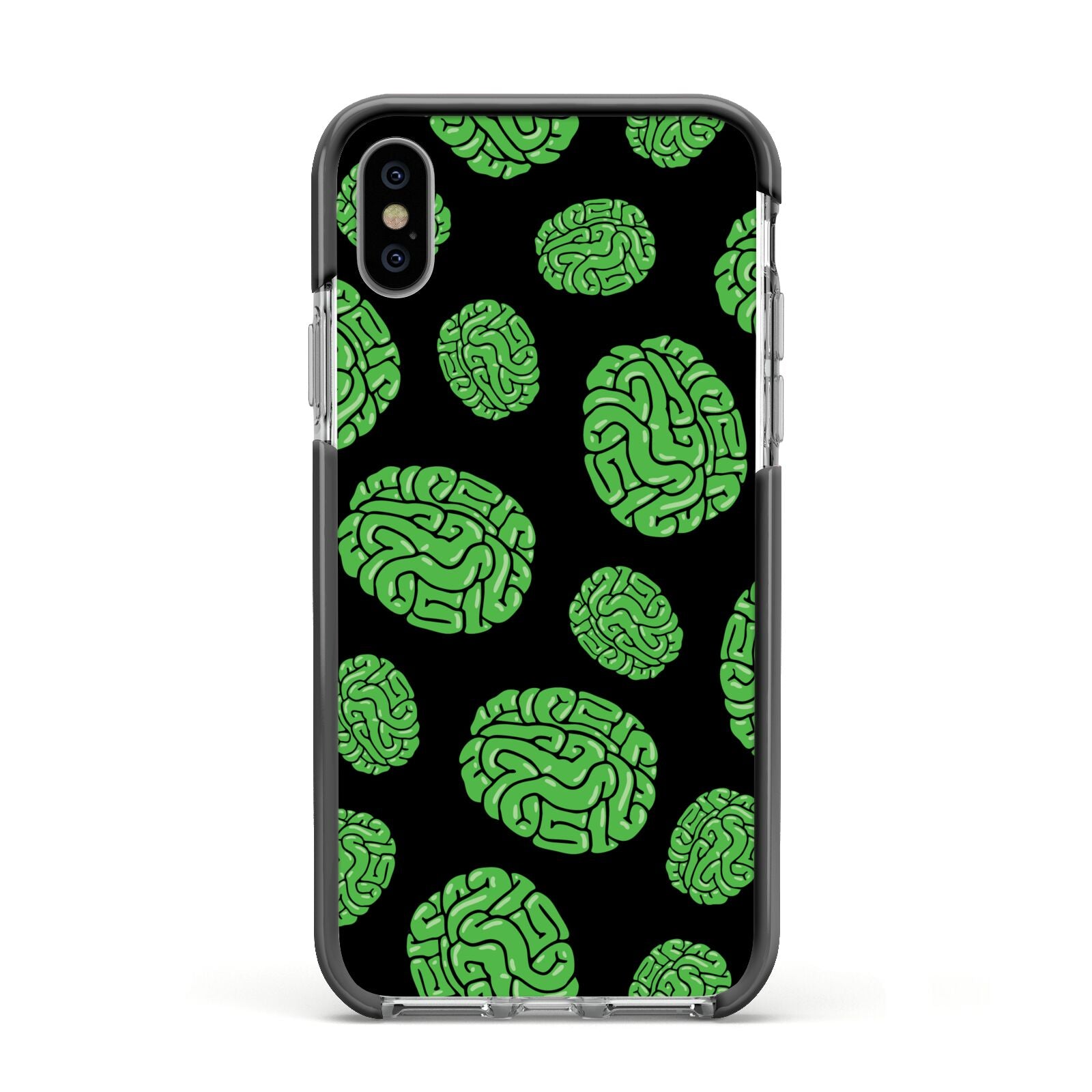 Green Brains Apple iPhone Xs Impact Case Black Edge on Silver Phone