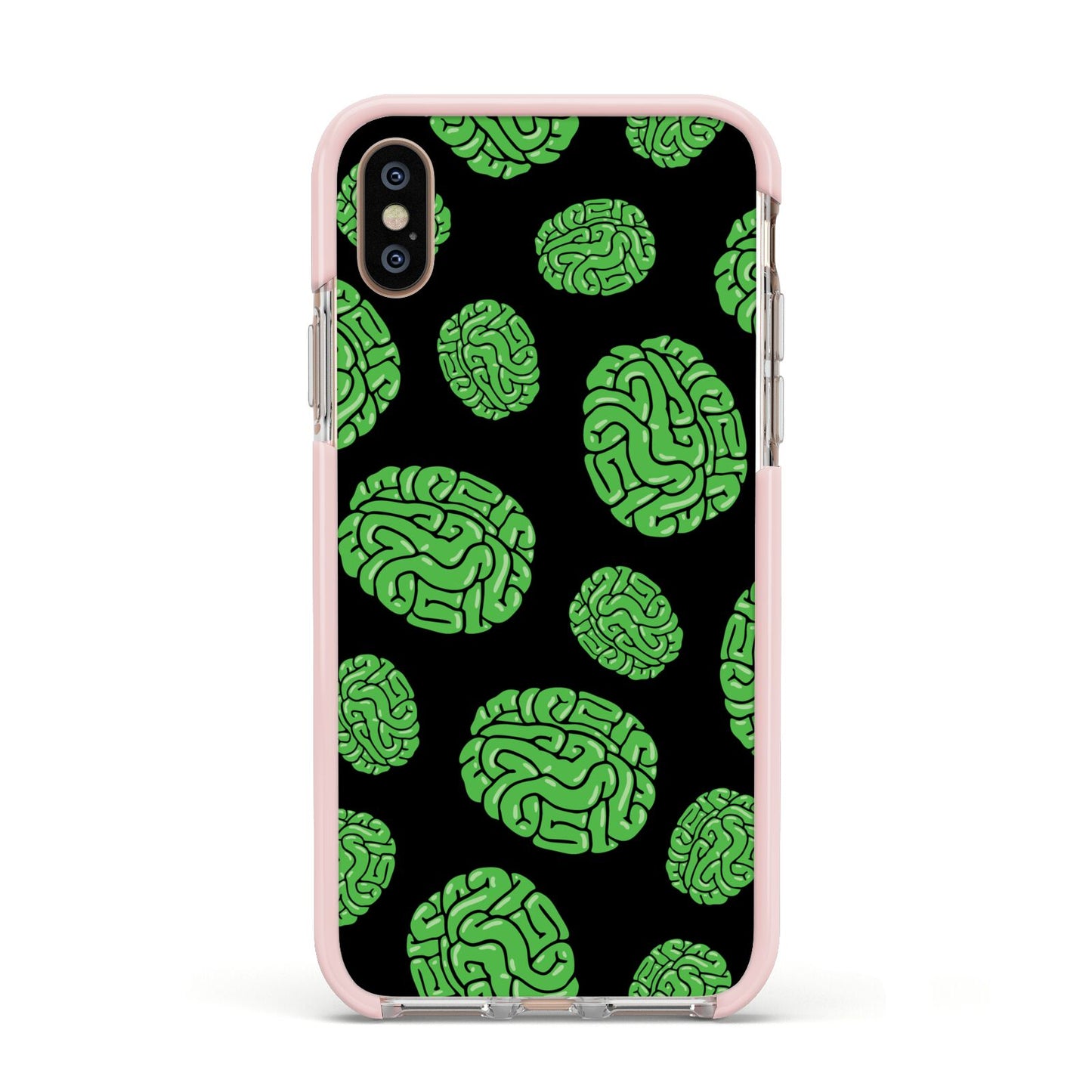 Green Brains Apple iPhone Xs Impact Case Pink Edge on Gold Phone