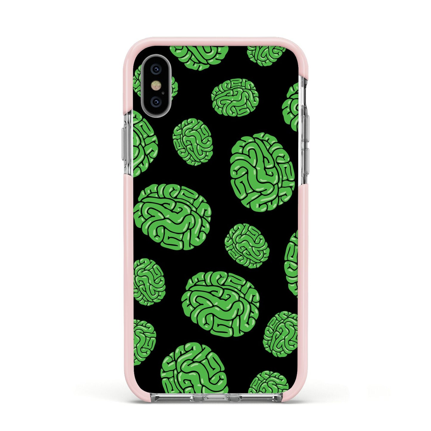 Green Brains Apple iPhone Xs Impact Case Pink Edge on Silver Phone