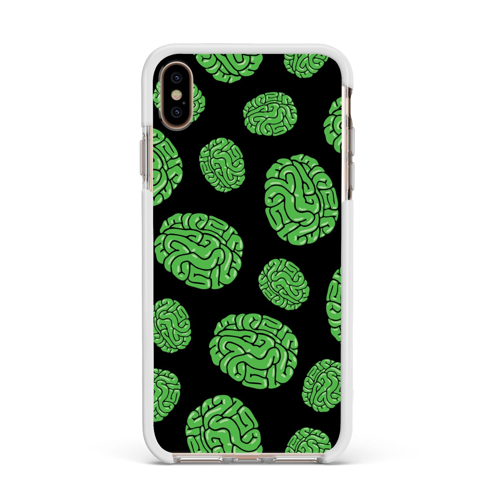 Green Brains Apple iPhone Xs Max Impact Case White Edge on Gold Phone