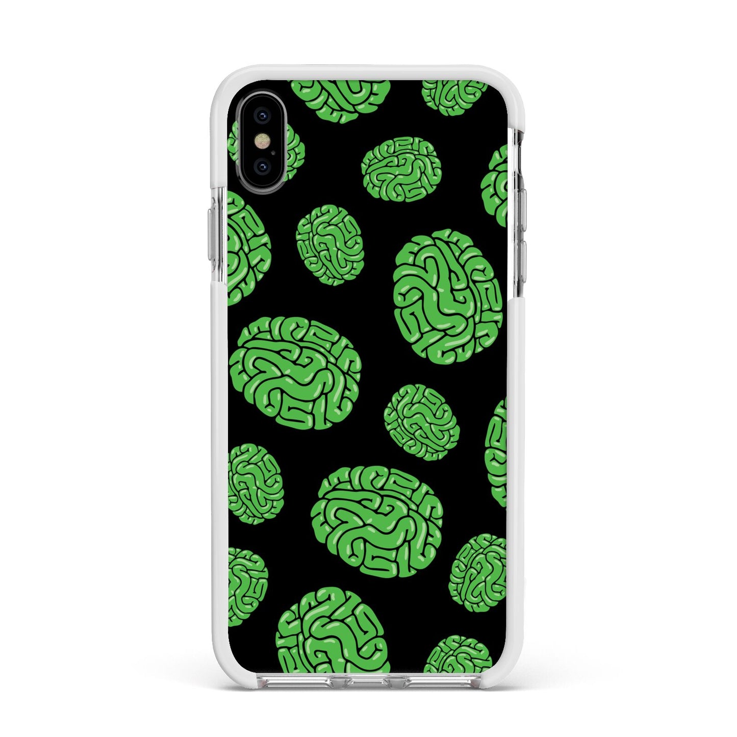 Green Brains Apple iPhone Xs Max Impact Case White Edge on Silver Phone