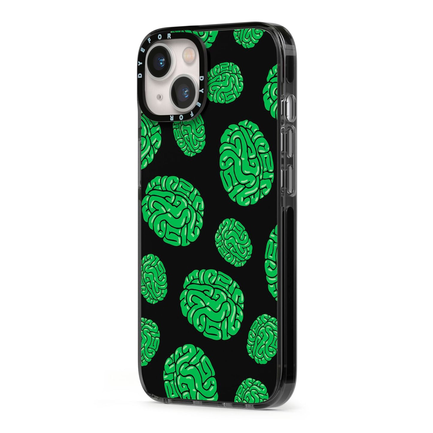 Green Brains iPhone 13 Black Impact Case Side Angle on Silver phone