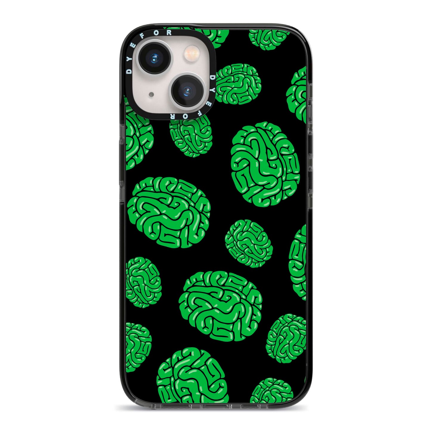 Green Brains iPhone 13 Black Impact Case on Silver phone