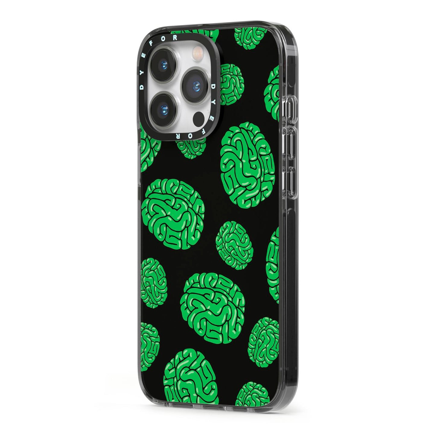 Green Brains iPhone 13 Pro Black Impact Case Side Angle on Silver phone