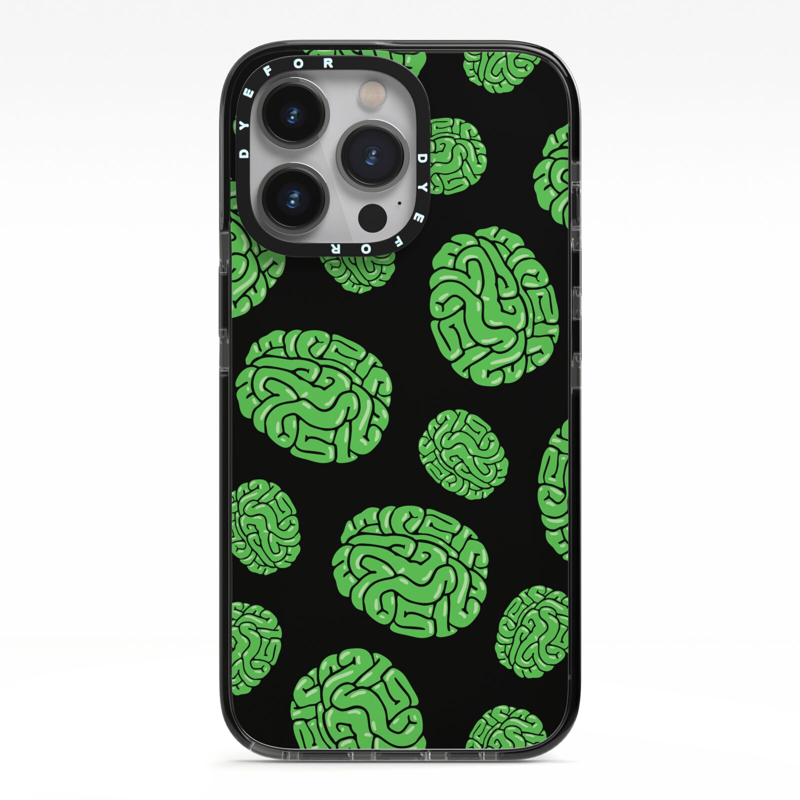 Green Brains iPhone 13 Pro Black Impact Case on Silver phone