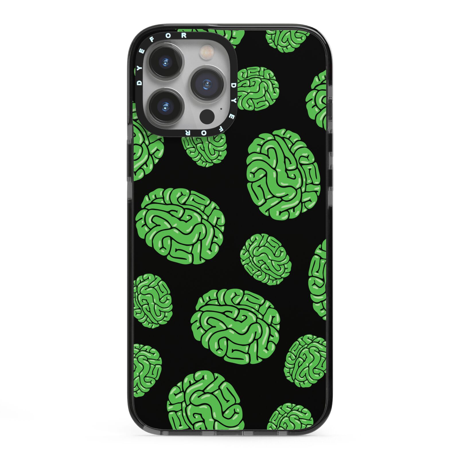 Green Brains iPhone 13 Pro Max Black Impact Case on Silver phone
