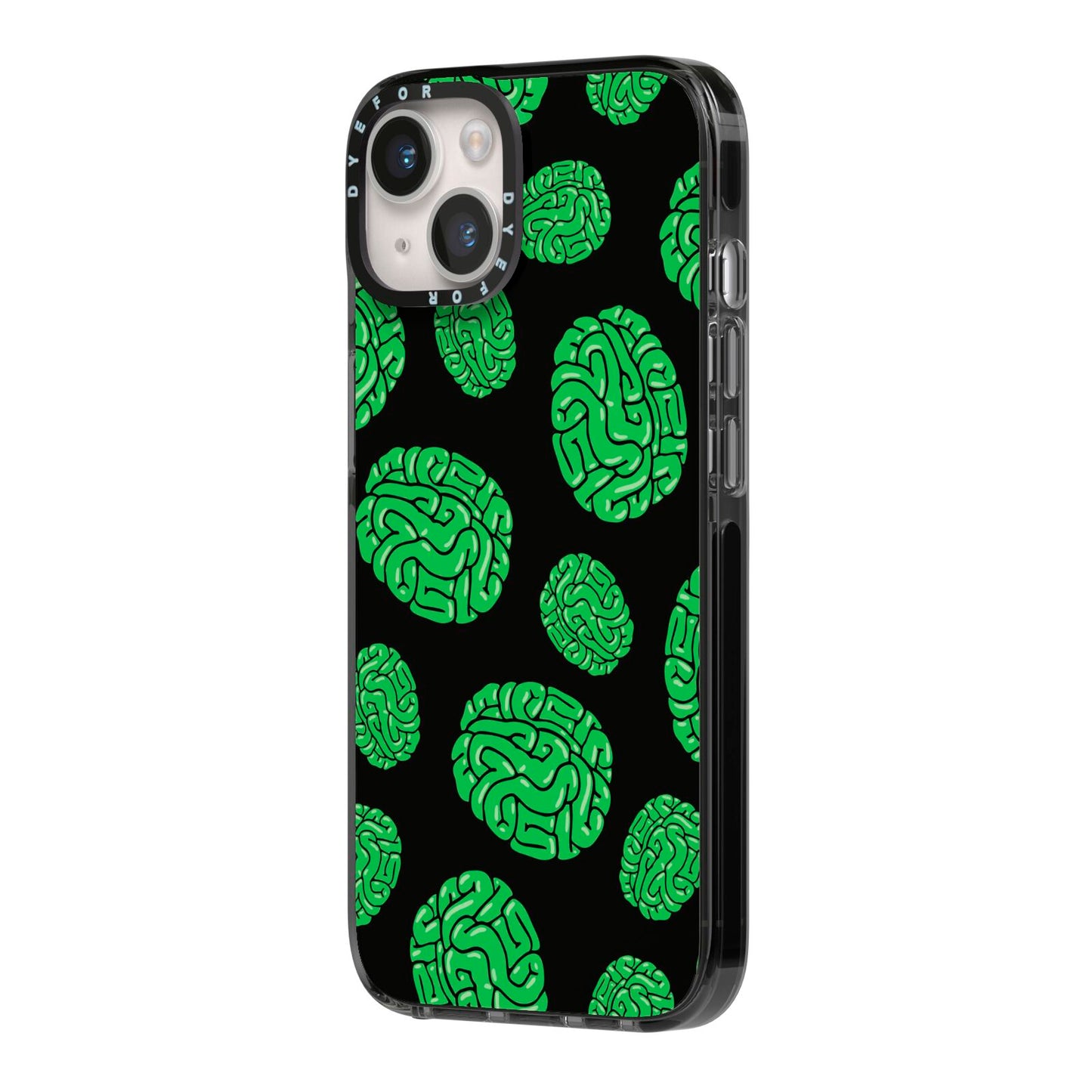 Green Brains iPhone 14 Black Impact Case Side Angle on Silver phone