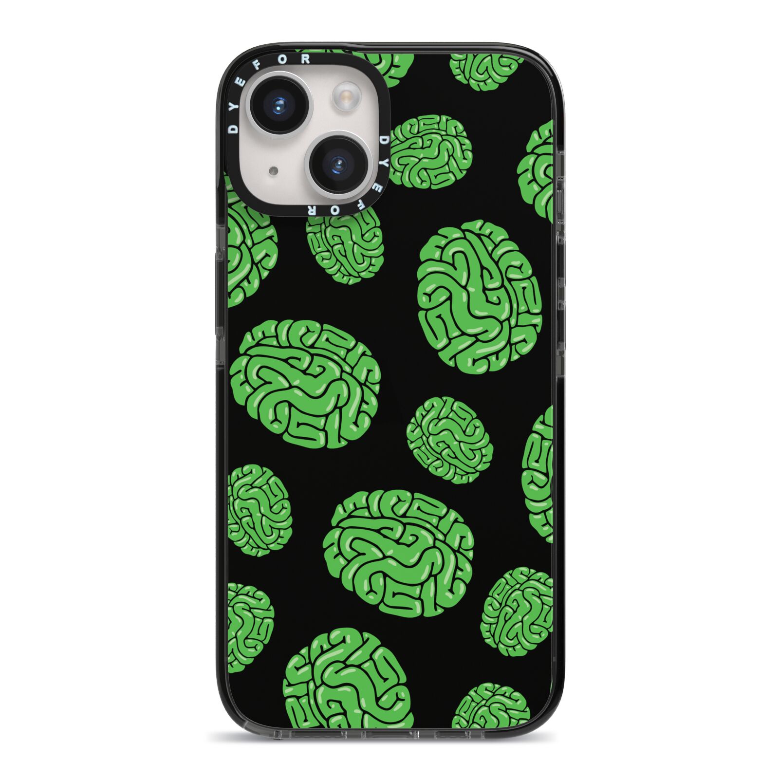 Green Brains iPhone 14 Black Impact Case on Silver phone