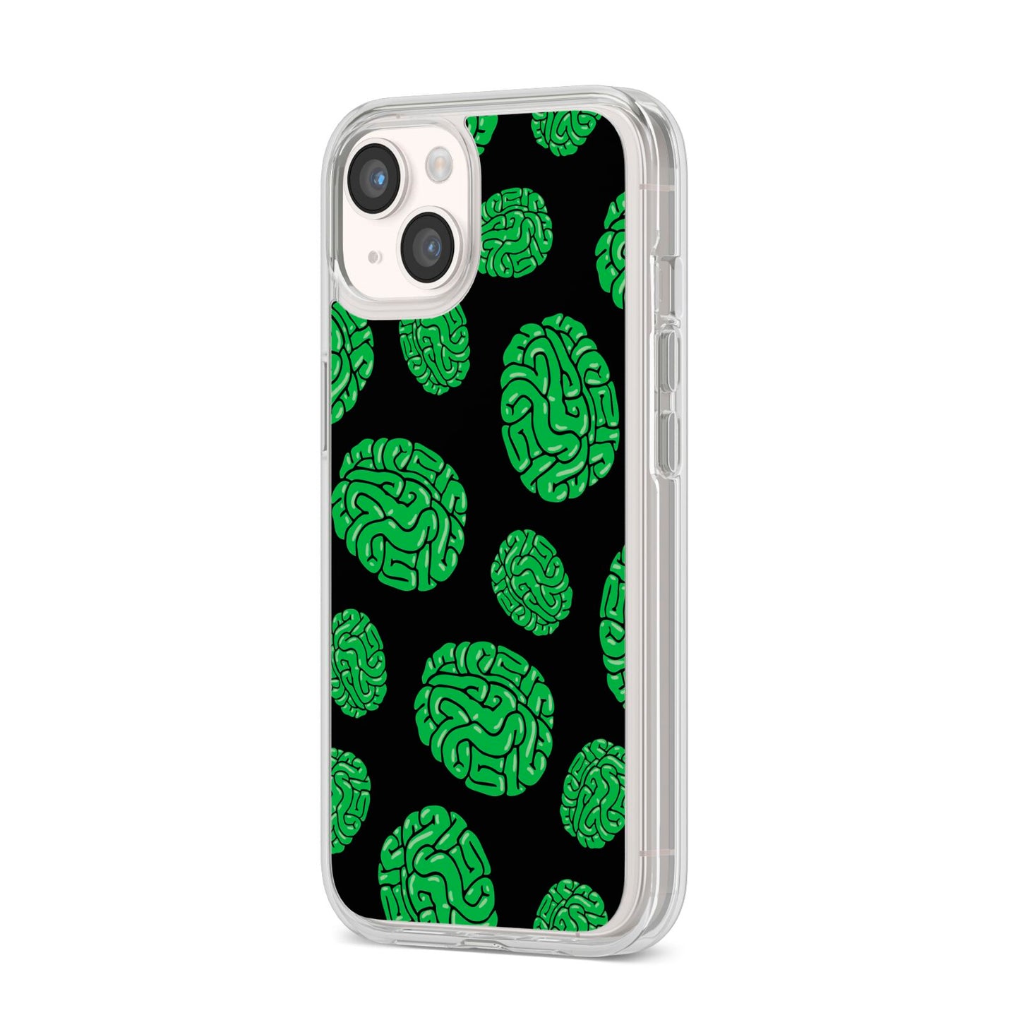 Green Brains iPhone 14 Clear Tough Case Starlight Angled Image