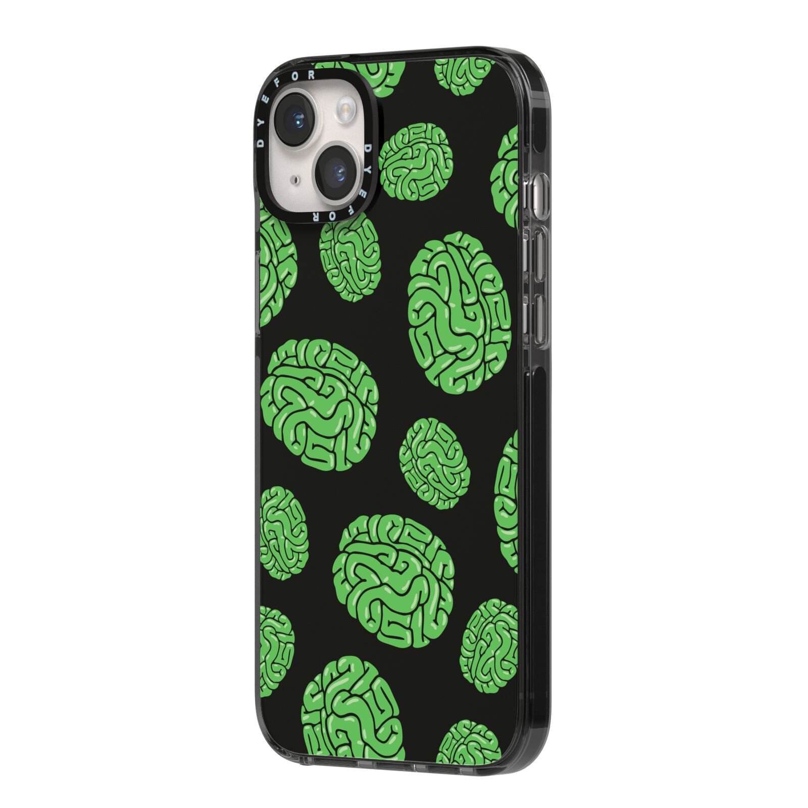 Green Brains iPhone 14 Plus Black Impact Case Side Angle on Silver phone