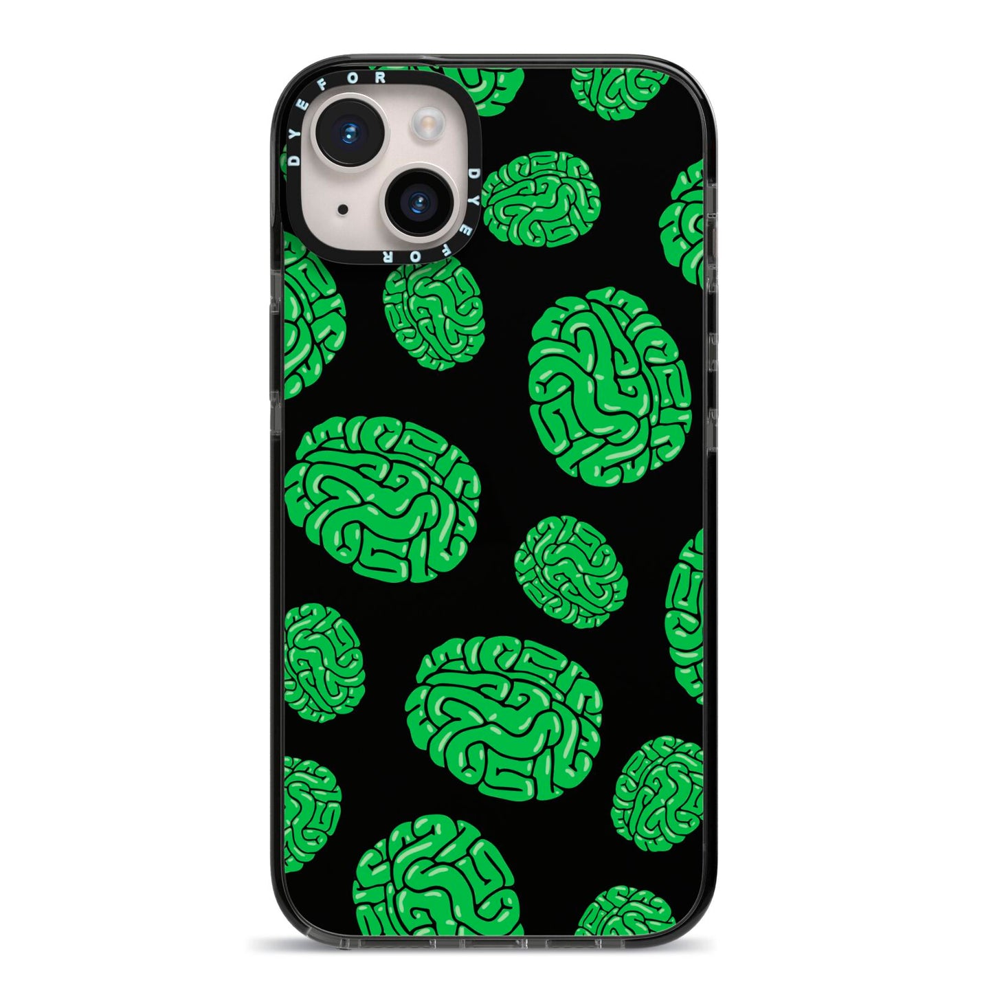 Green Brains iPhone 14 Plus Black Impact Case on Silver phone