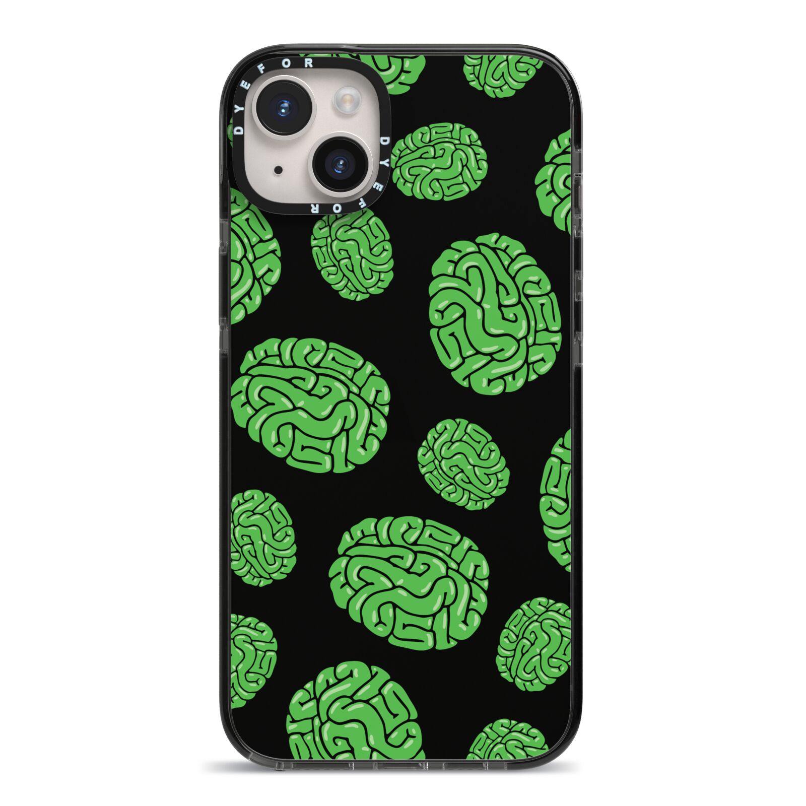 Green Brains iPhone 14 Plus Black Impact Case on Silver phone