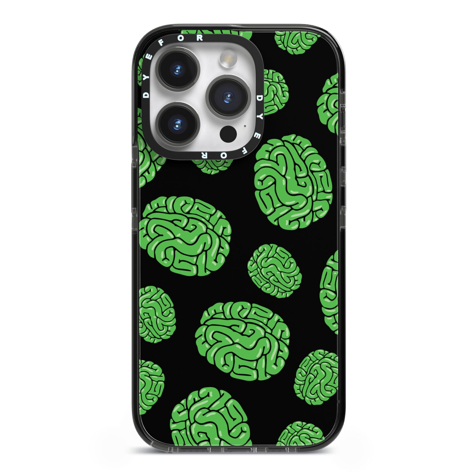 Green Brains iPhone 14 Pro Black Impact Case on Silver phone