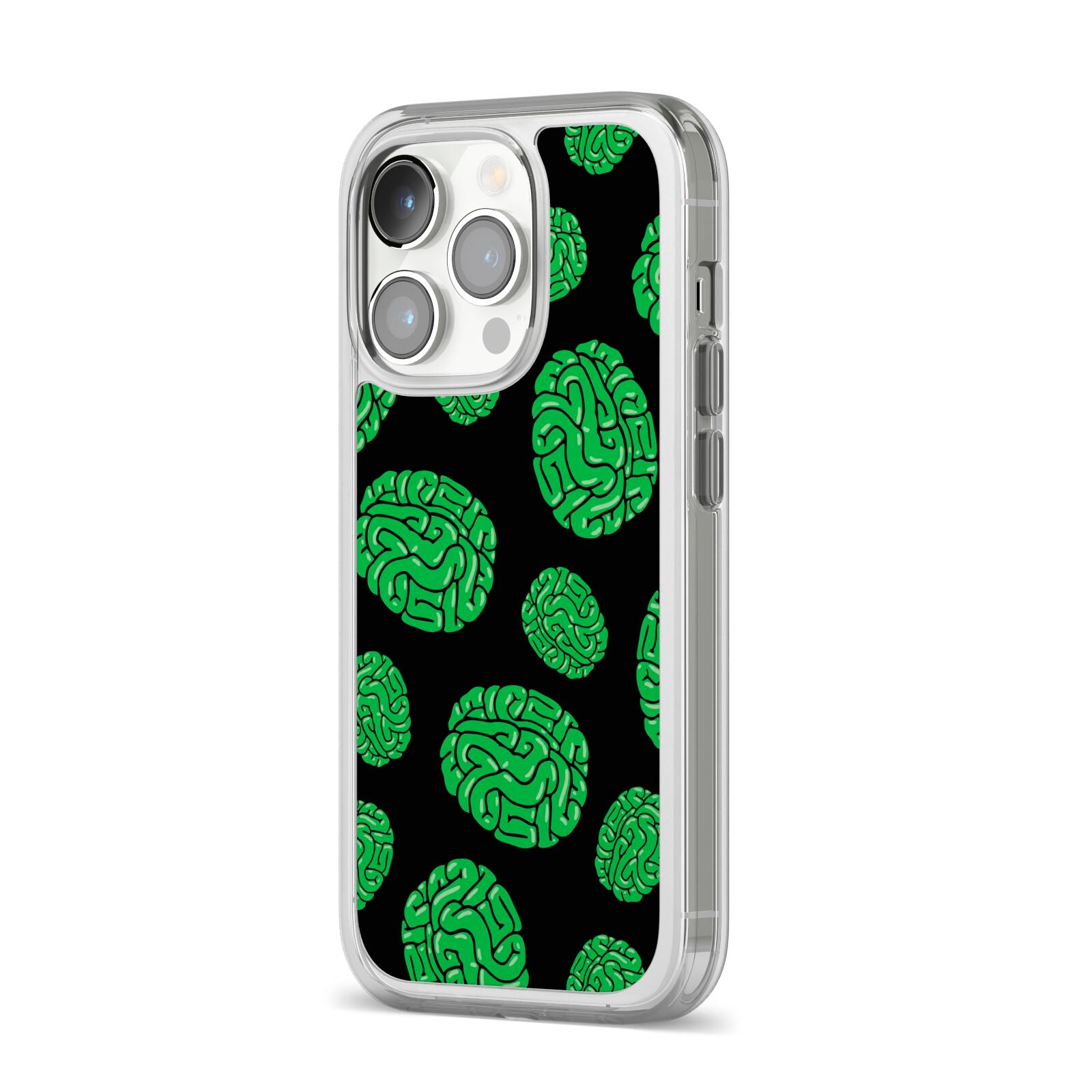 Green Brains iPhone 14 Pro Clear Tough Case Silver Angled Image