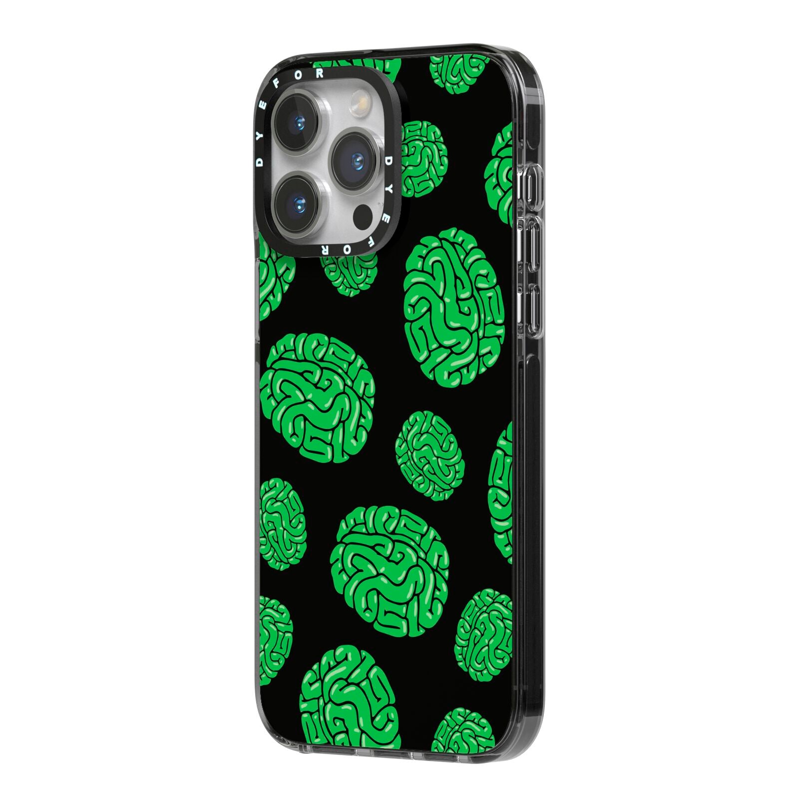 Green Brains iPhone 14 Pro Max Black Impact Case Side Angle on Silver phone