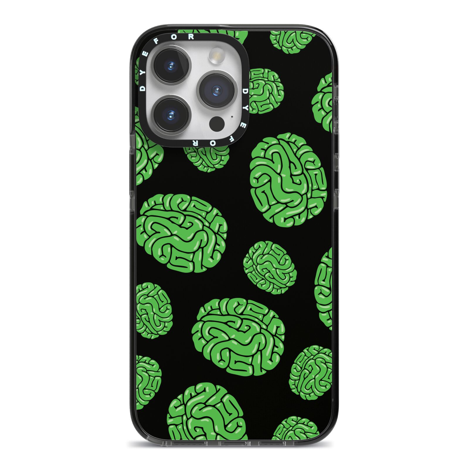 Green Brains iPhone 14 Pro Max Black Impact Case on Silver phone
