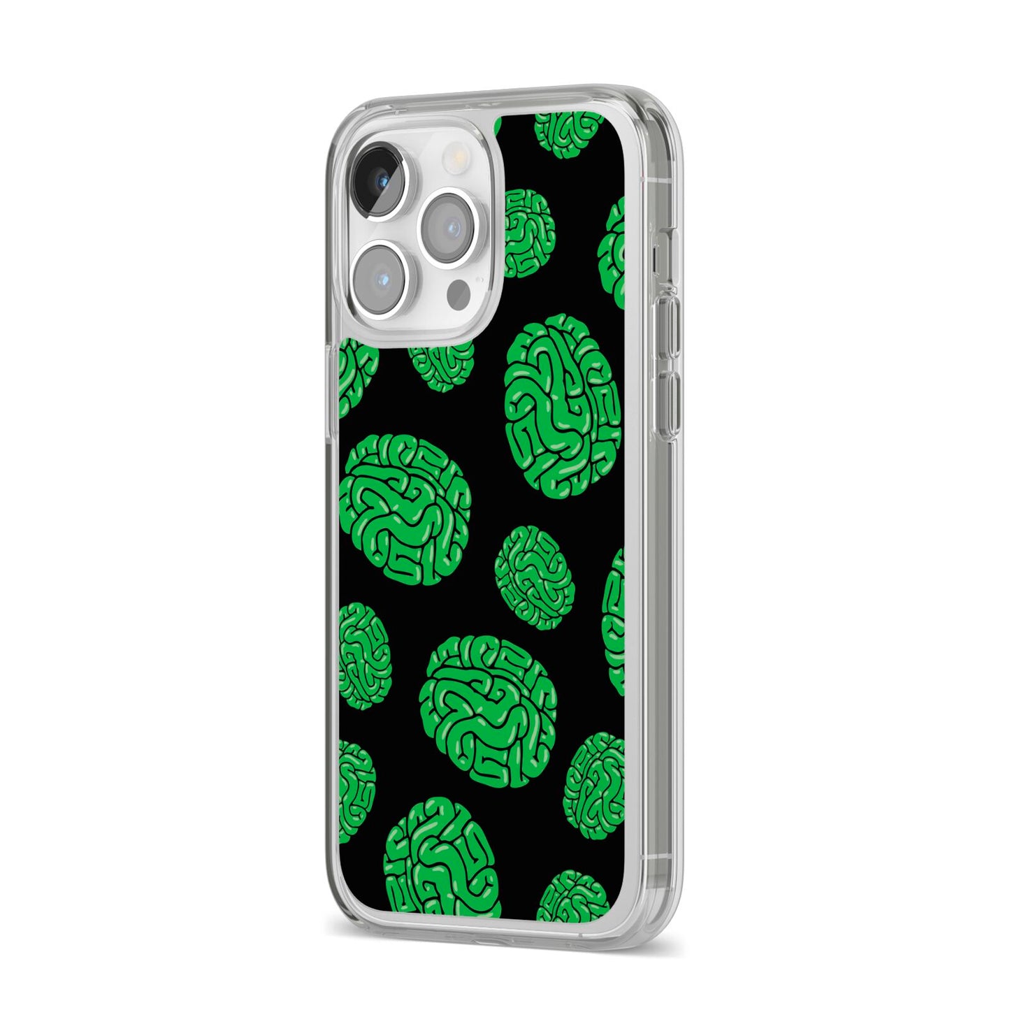 Green Brains iPhone 14 Pro Max Clear Tough Case Silver Angled Image
