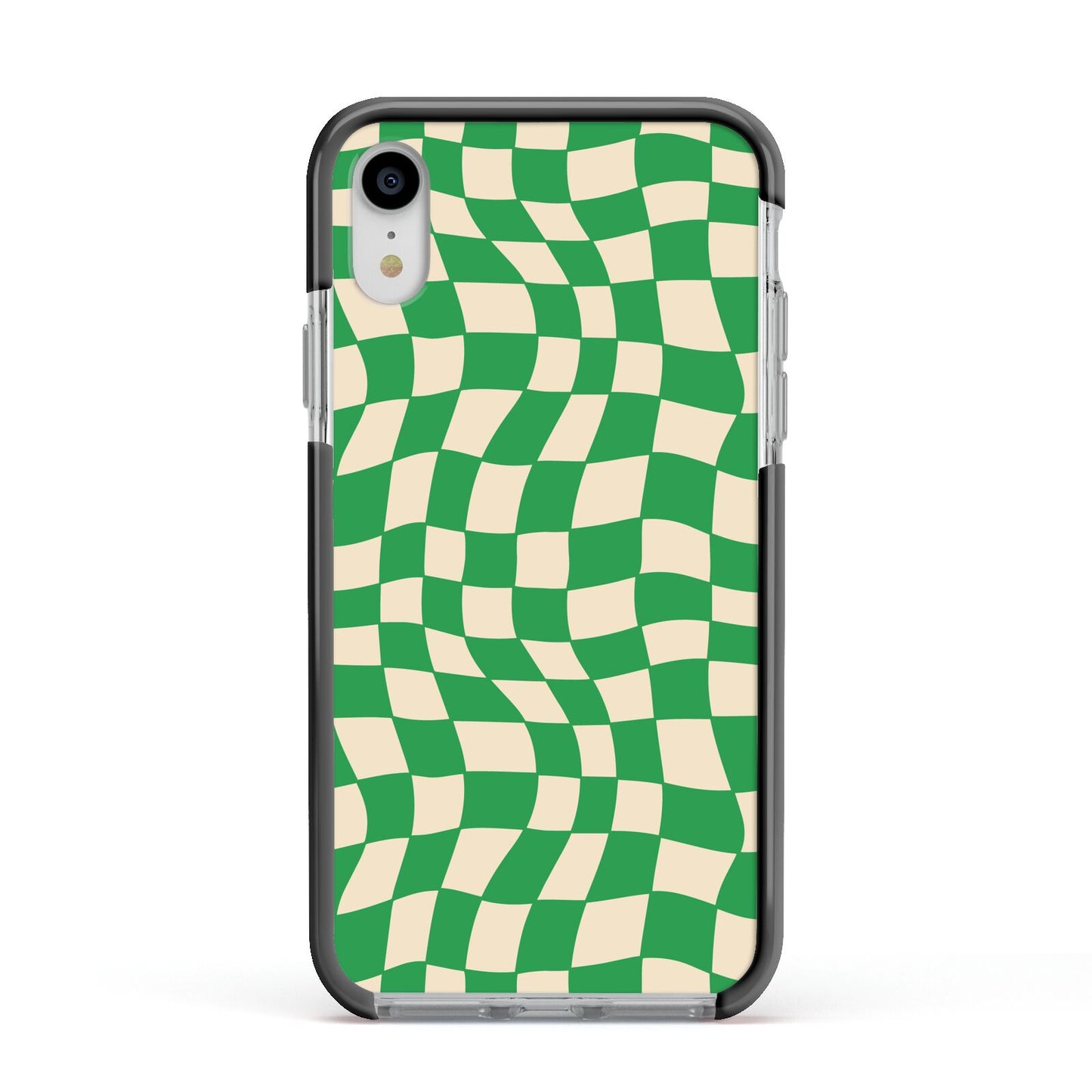 Green Check Apple iPhone XR Impact Case Black Edge on Silver Phone