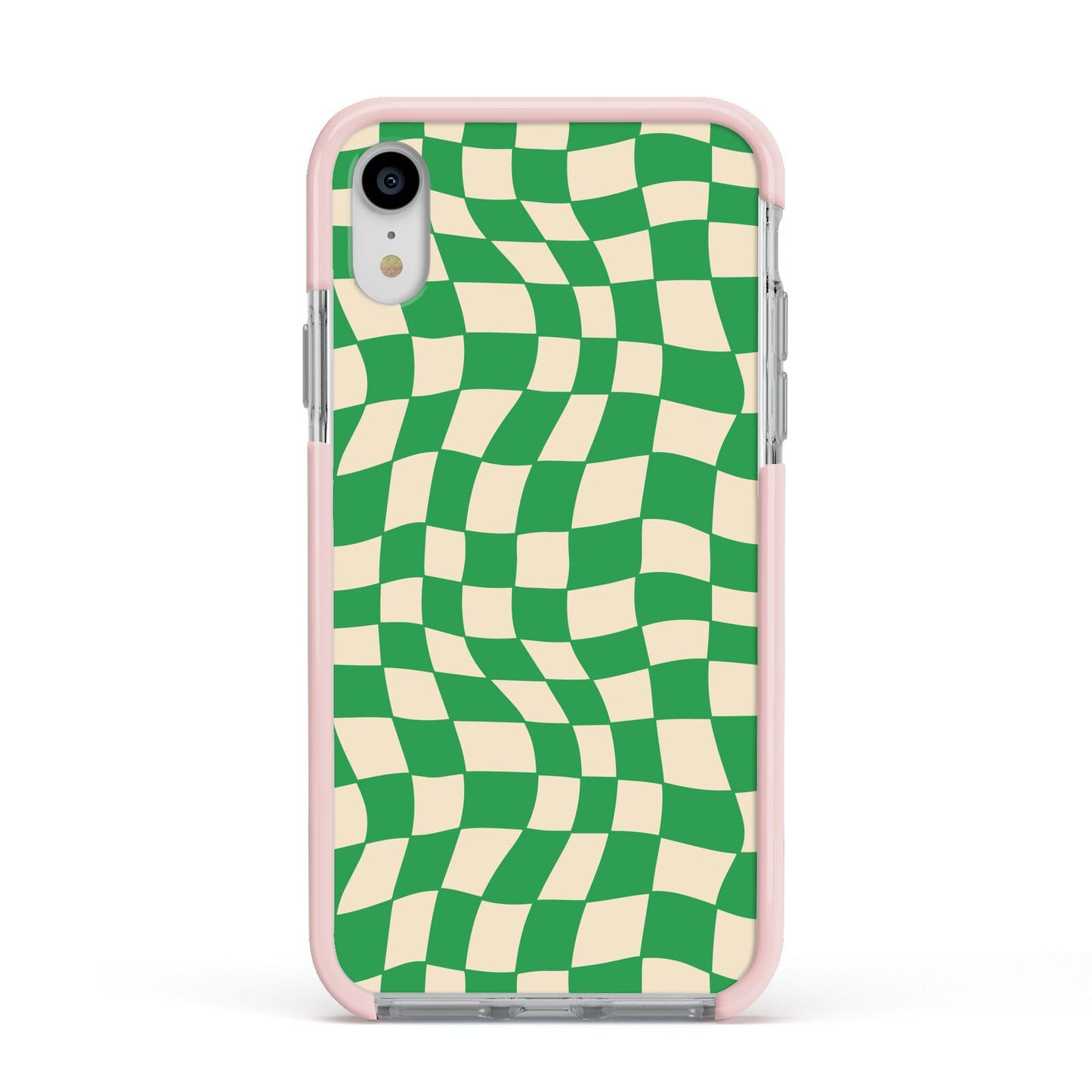 Green Check Apple iPhone XR Impact Case Pink Edge on Silver Phone
