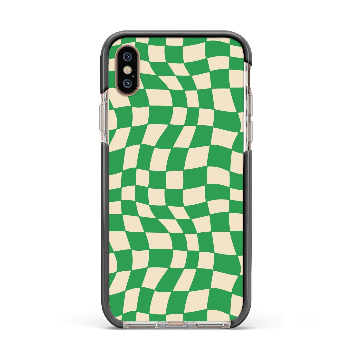 Green Check Apple iPhone Xs Impact Case Black Edge on Gold Phone