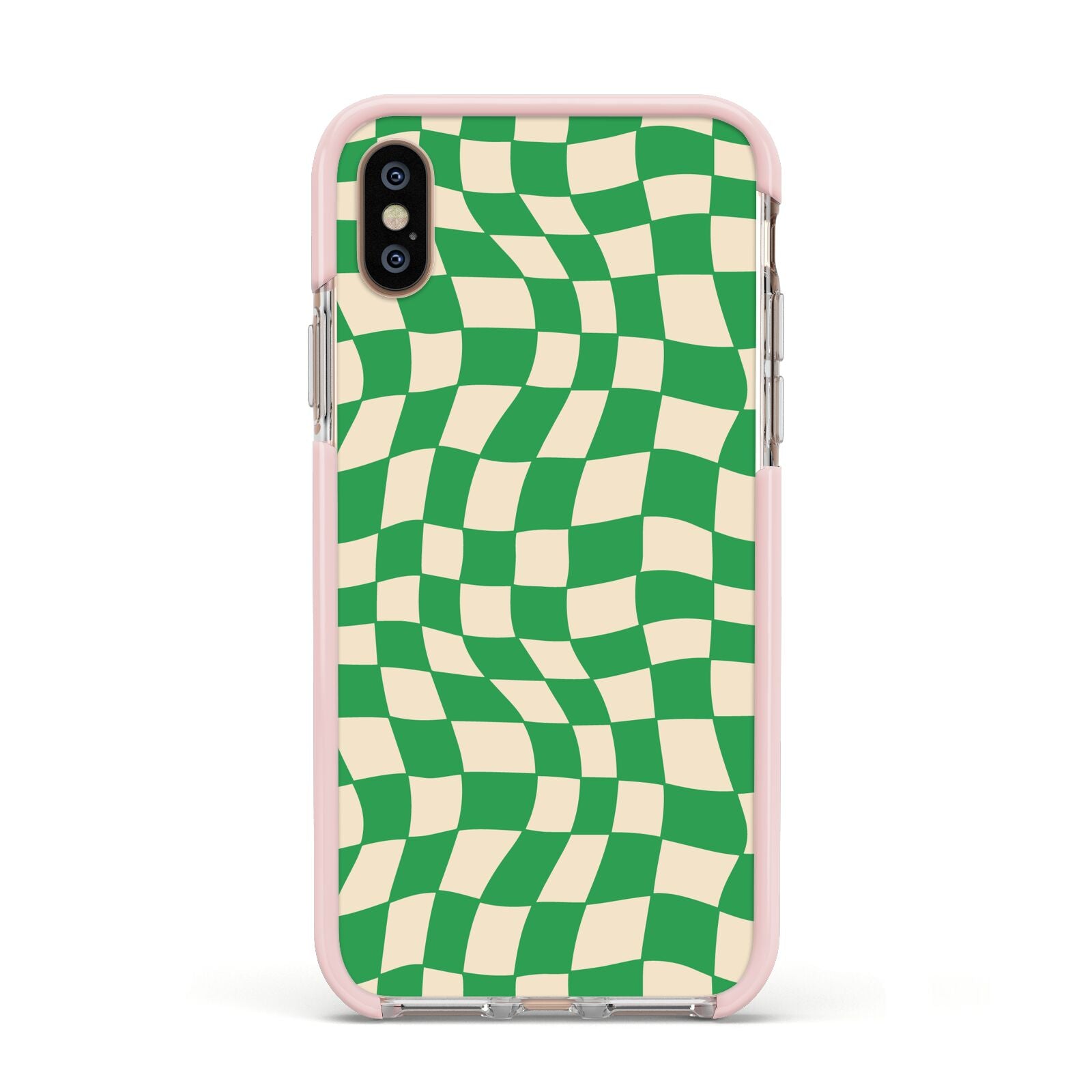 Green Check Apple iPhone Xs Impact Case Pink Edge on Gold Phone