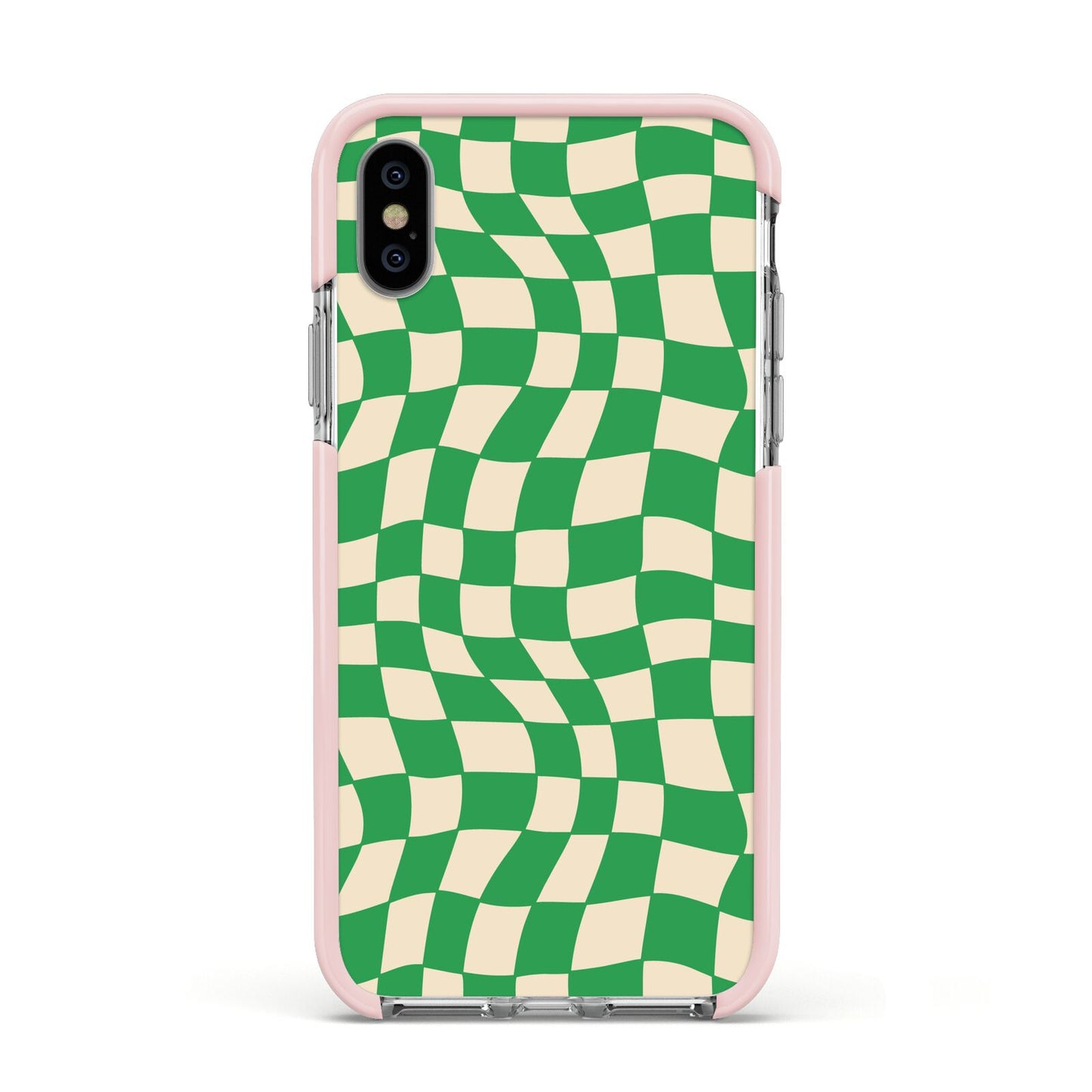Green Check Apple iPhone Xs Impact Case Pink Edge on Silver Phone