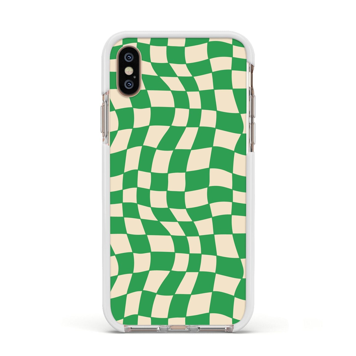 Green Check Apple iPhone Xs Impact Case White Edge on Gold Phone