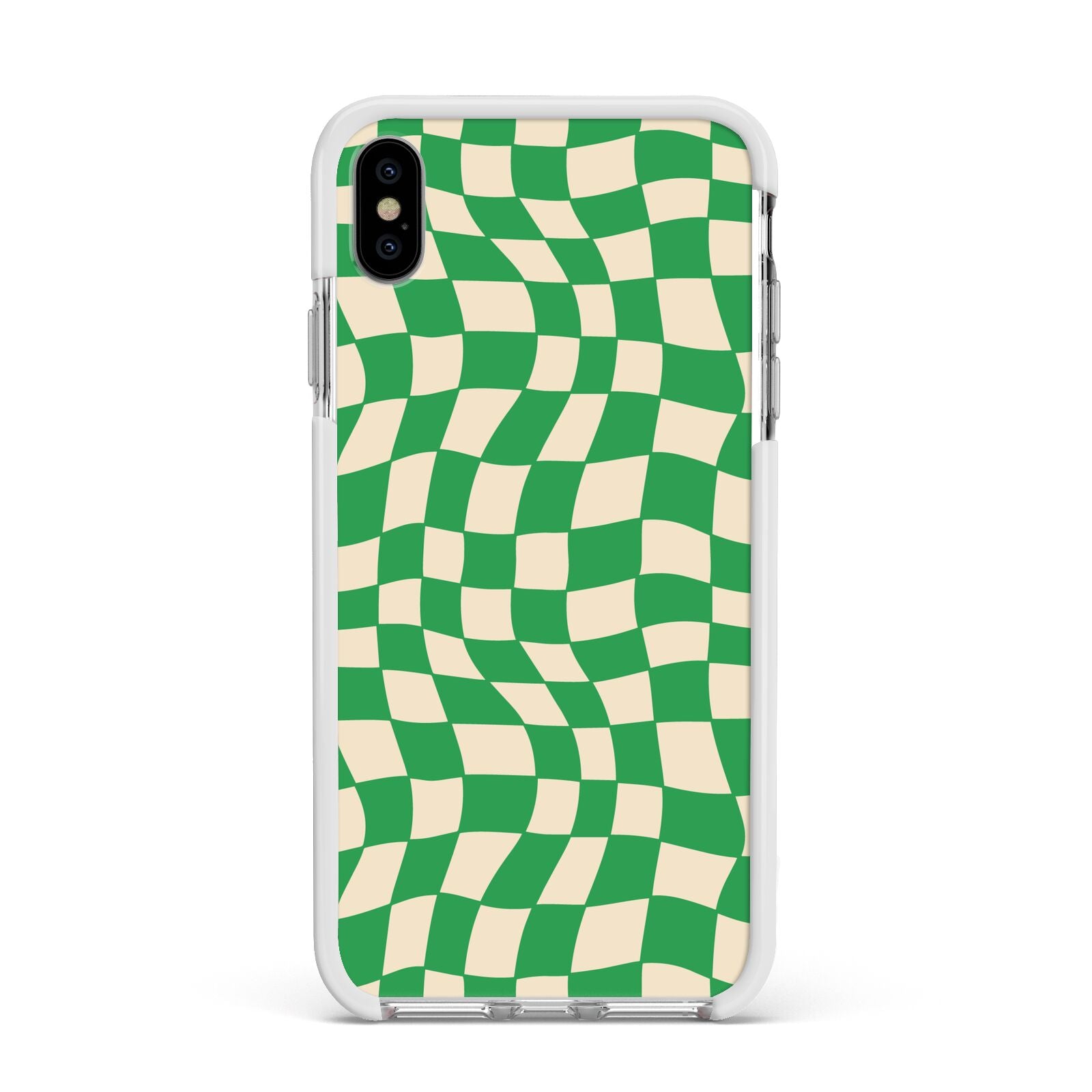 Green Check Apple iPhone Xs Max Impact Case White Edge on Silver Phone
