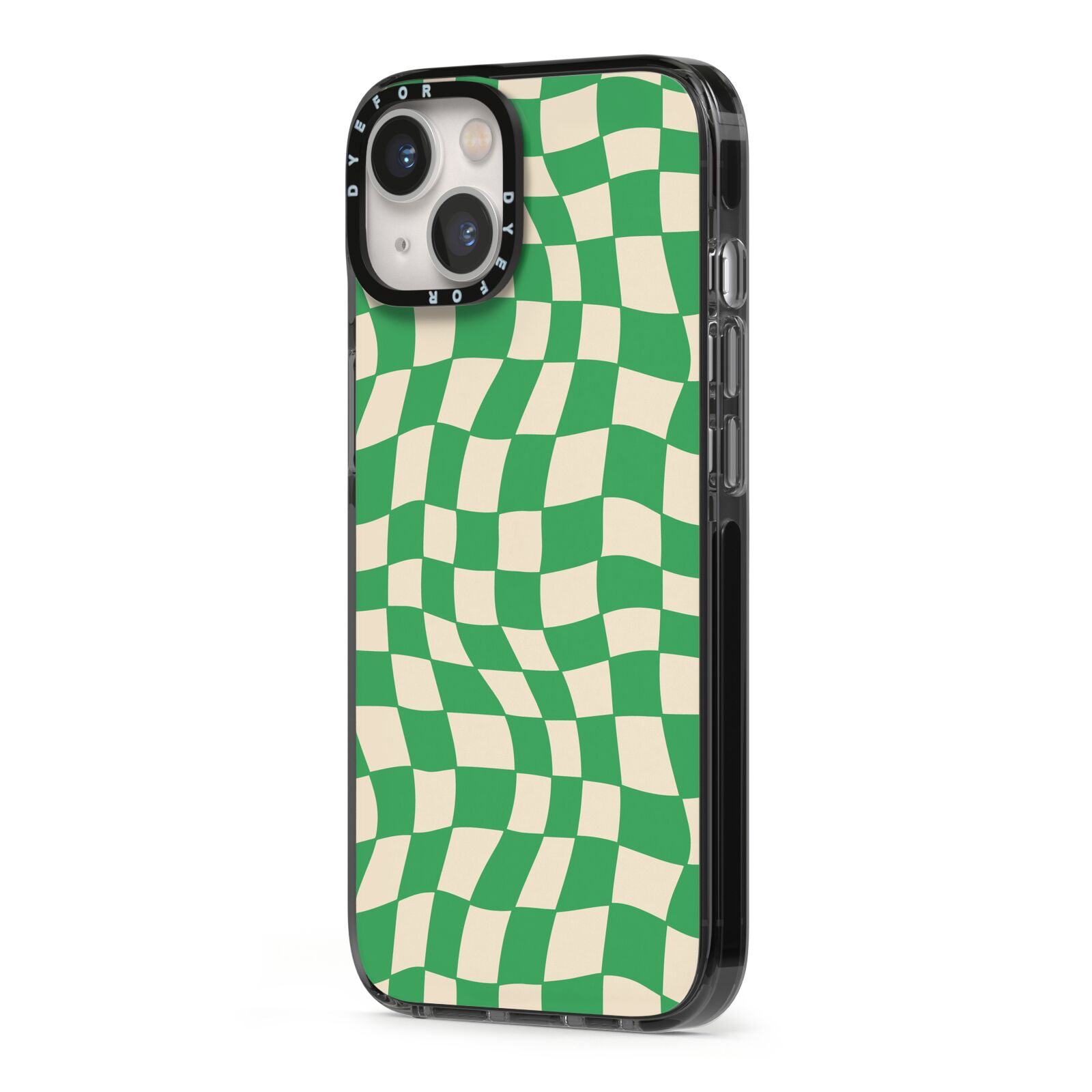 Green Check iPhone 13 Black Impact Case Side Angle on Silver phone