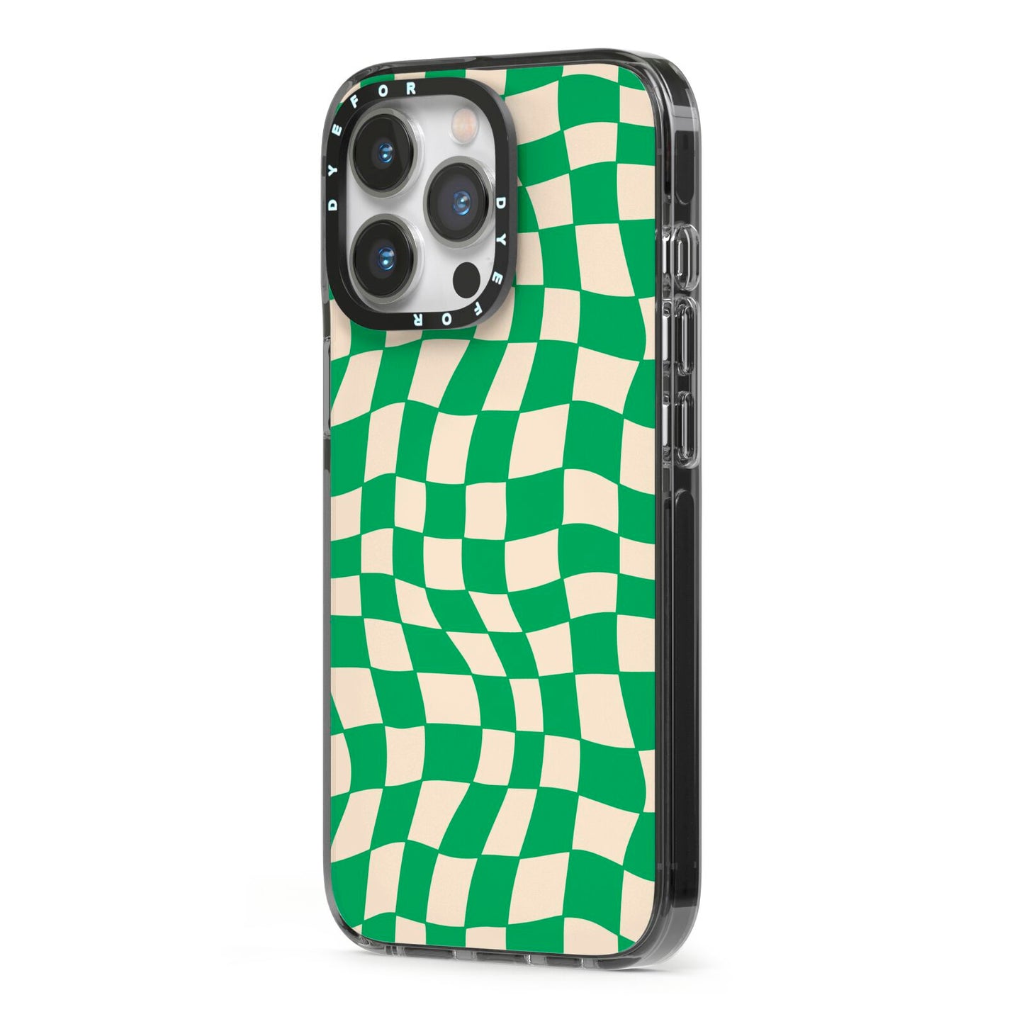 Green Check iPhone 13 Pro Black Impact Case Side Angle on Silver phone