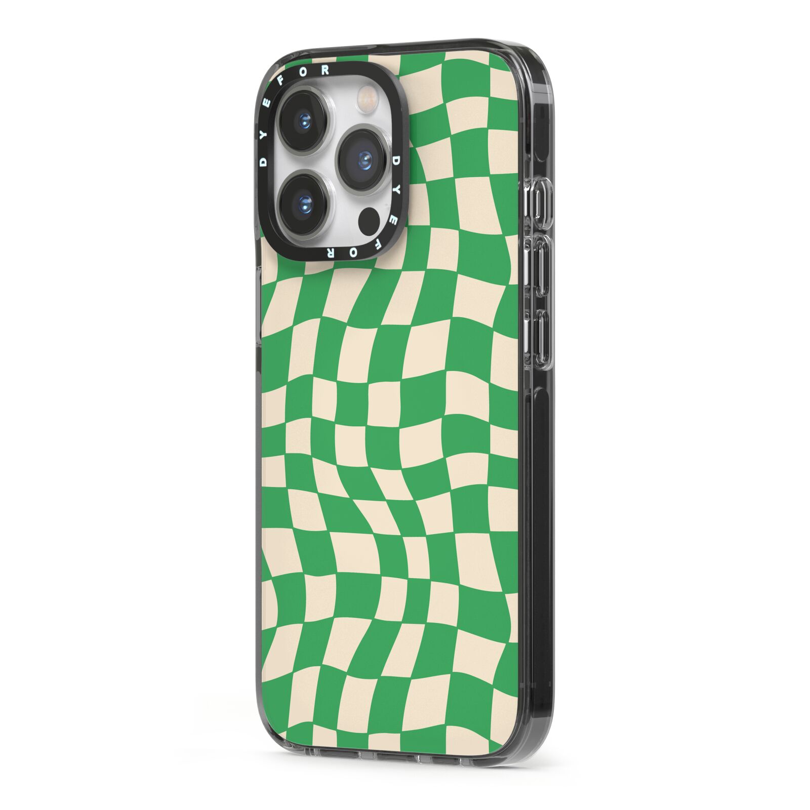 Green Check iPhone 13 Pro Black Impact Case Side Angle on Silver phone