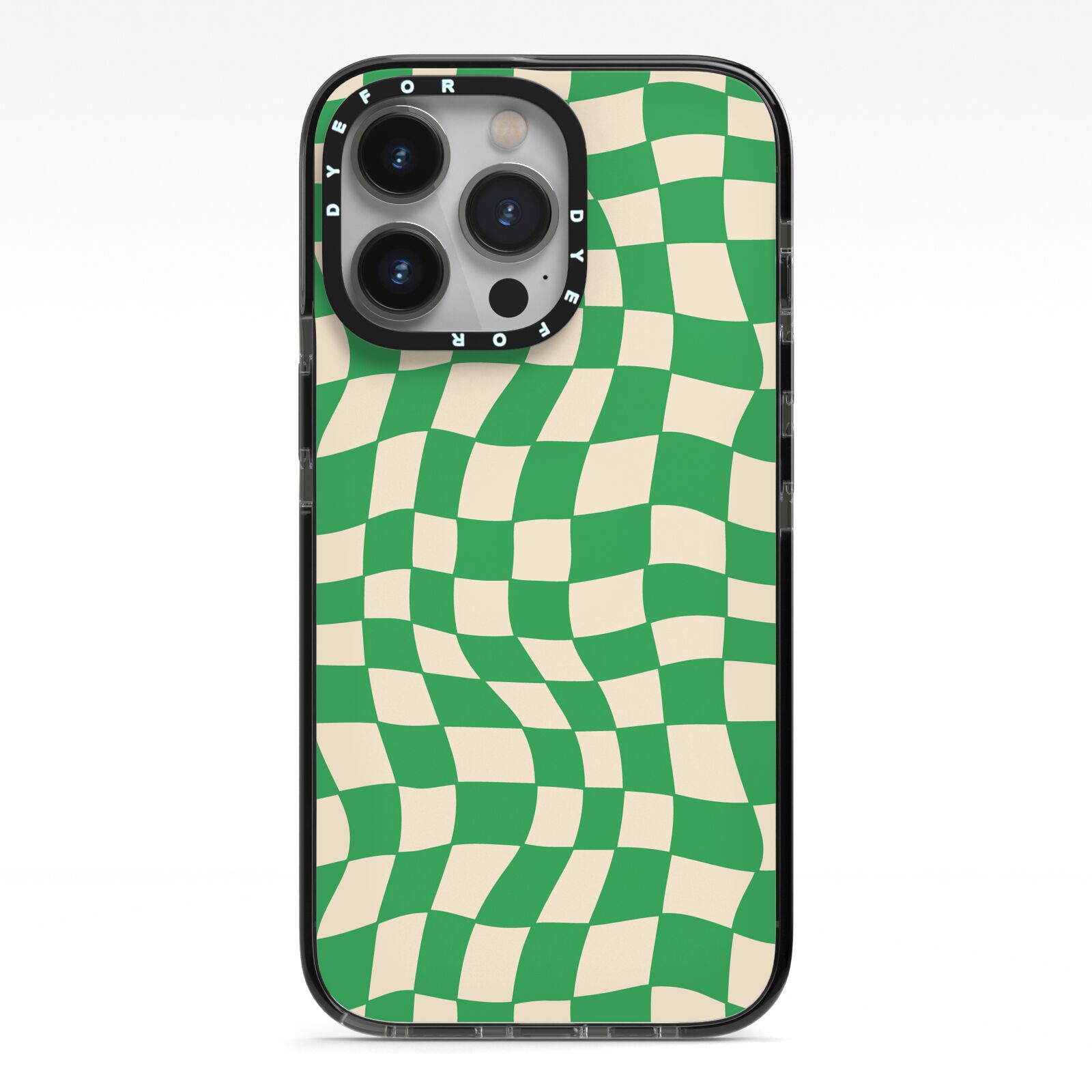 Green Check iPhone 13 Pro Black Impact Case on Silver phone
