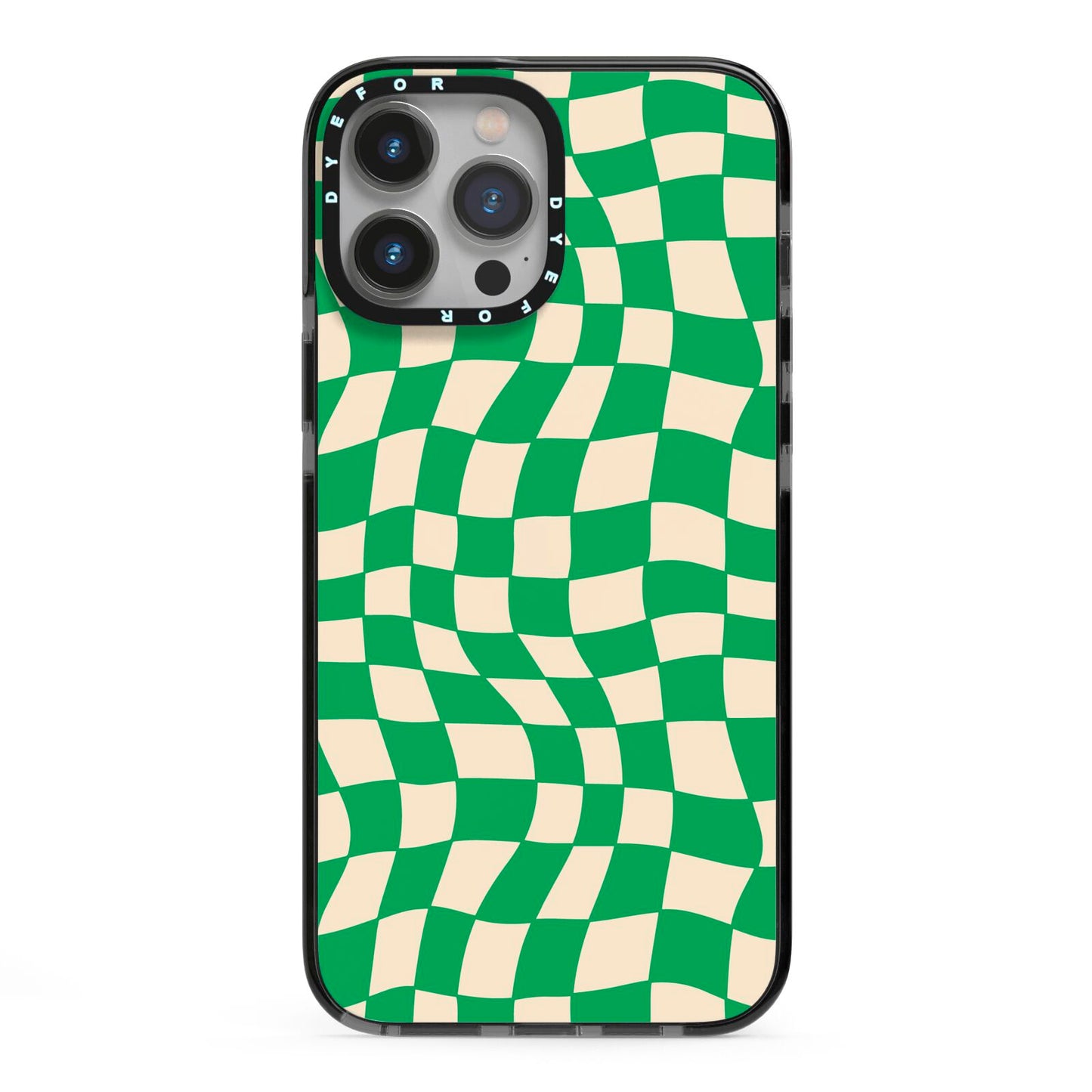 Green Check iPhone 13 Pro Max Black Impact Case on Silver phone