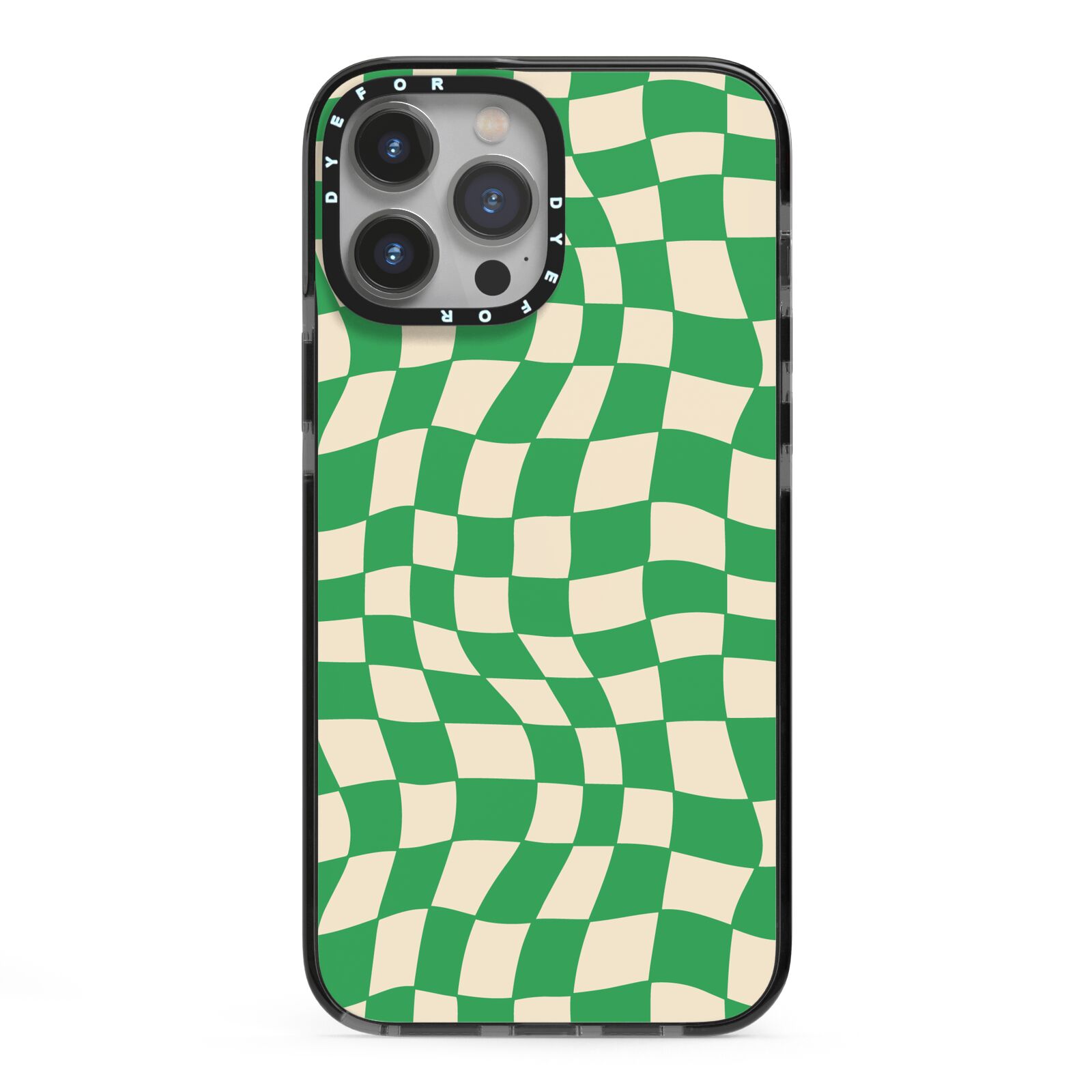 Green Check iPhone 13 Pro Max Black Impact Case on Silver phone