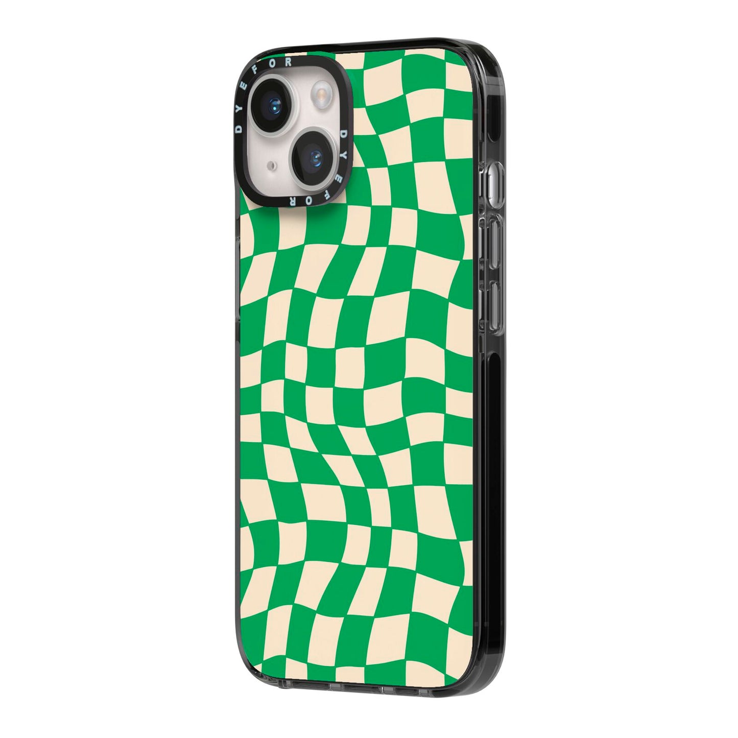 Green Check iPhone 14 Black Impact Case Side Angle on Silver phone