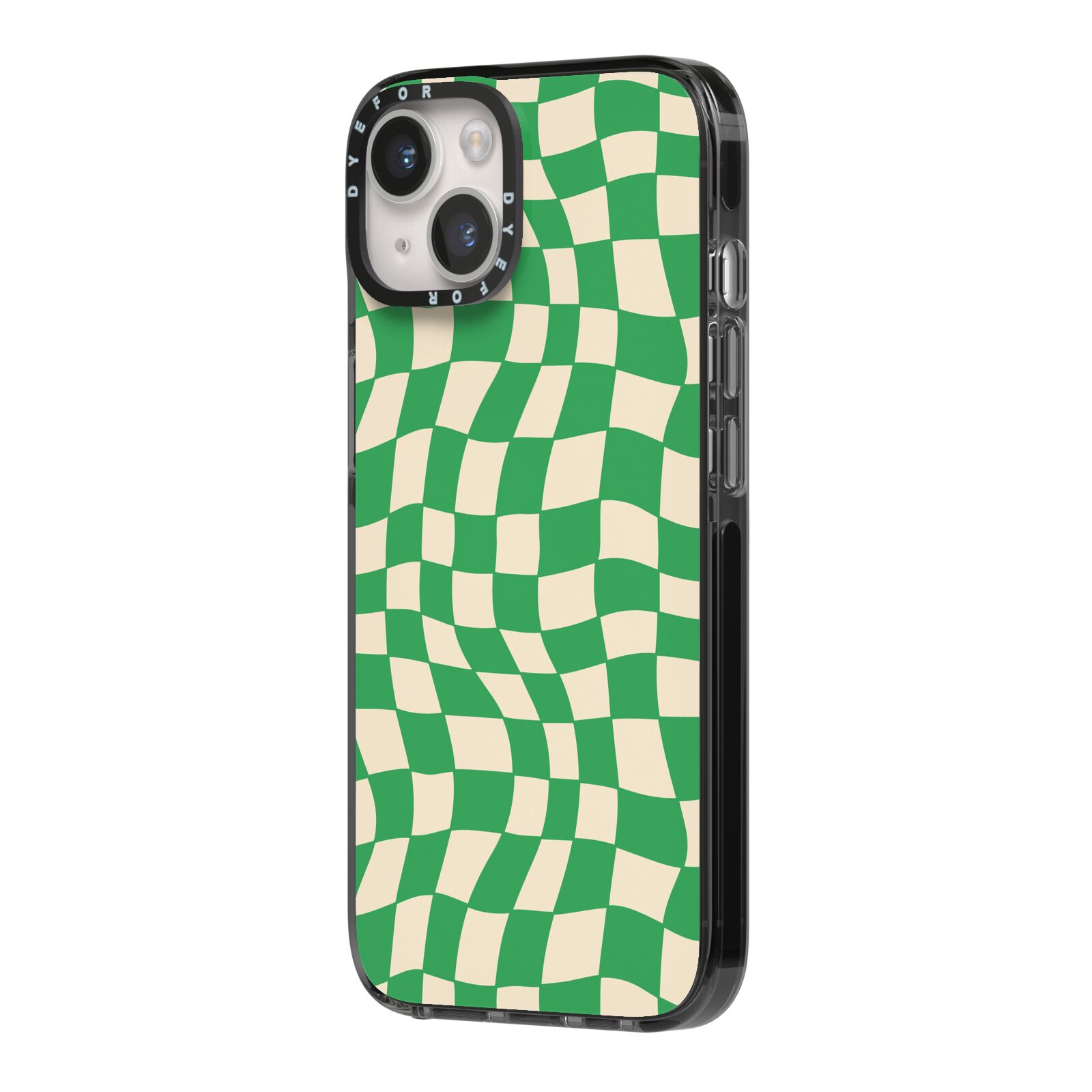 Green Check iPhone 14 Black Impact Case Side Angle on Silver phone