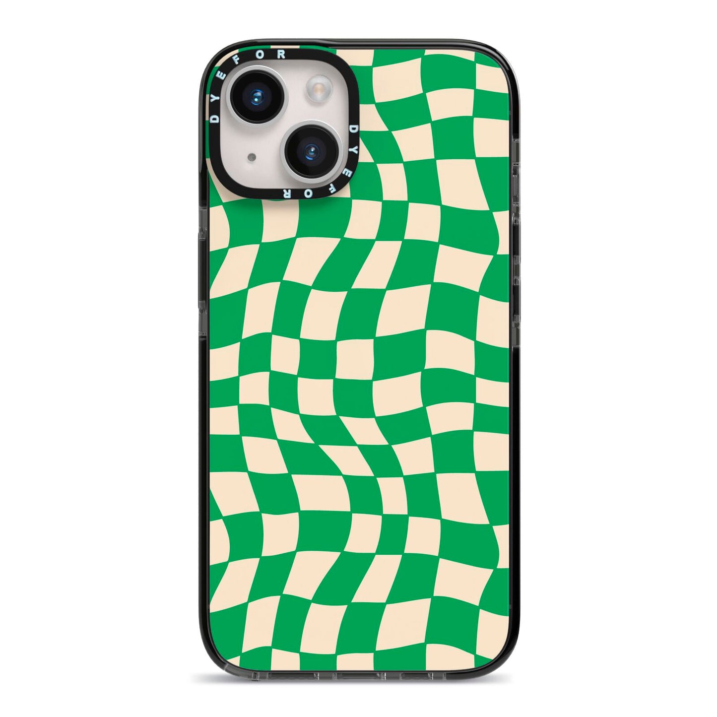 Green Check iPhone 14 Black Impact Case on Silver phone