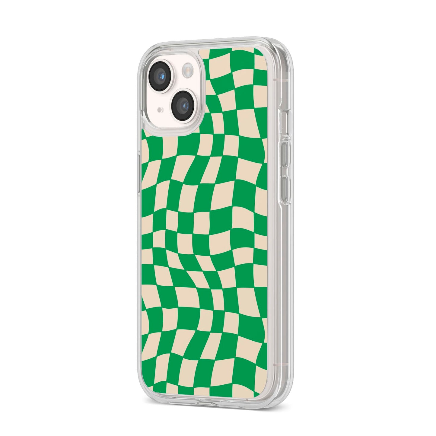 Green Check iPhone 14 Clear Tough Case Starlight Angled Image