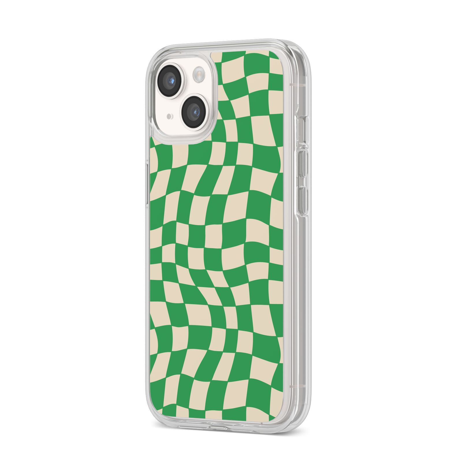 Green Check iPhone 14 Clear Tough Case Starlight Angled Image