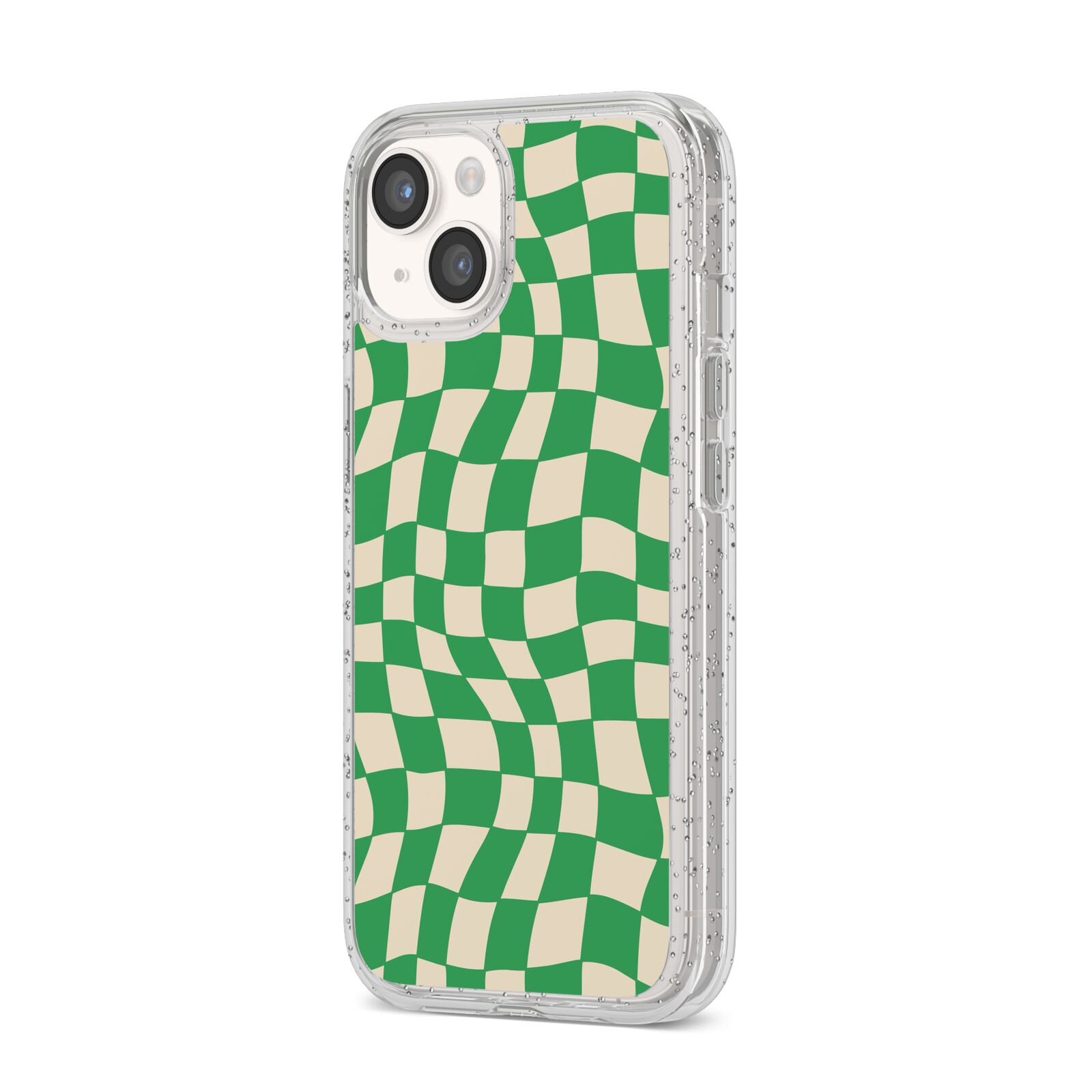 Green Check iPhone 14 Glitter Tough Case Starlight Angled Image